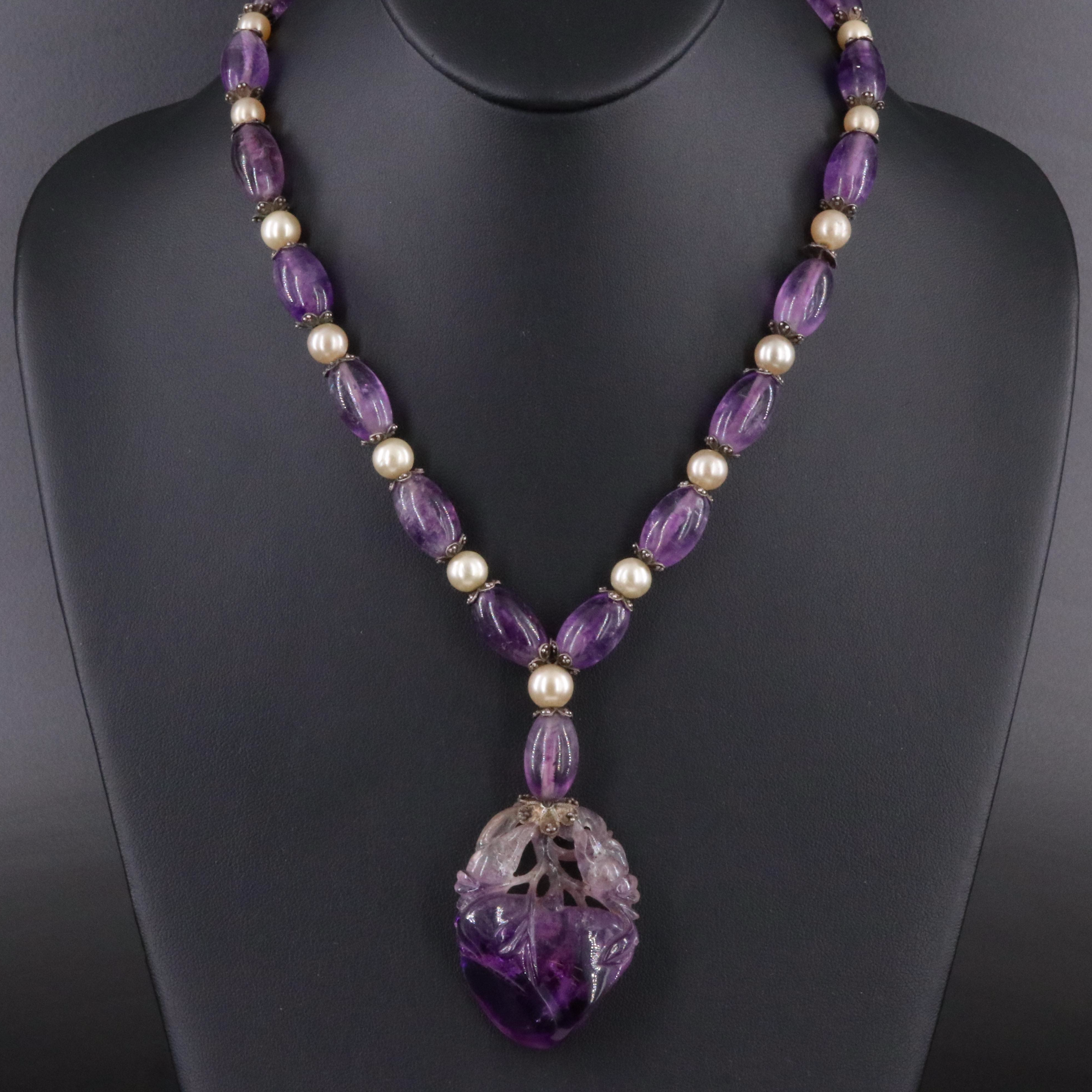 Vintage Chinese Sterling Amethyst and Faux Pearl Carved Fruit and Bird Necklace