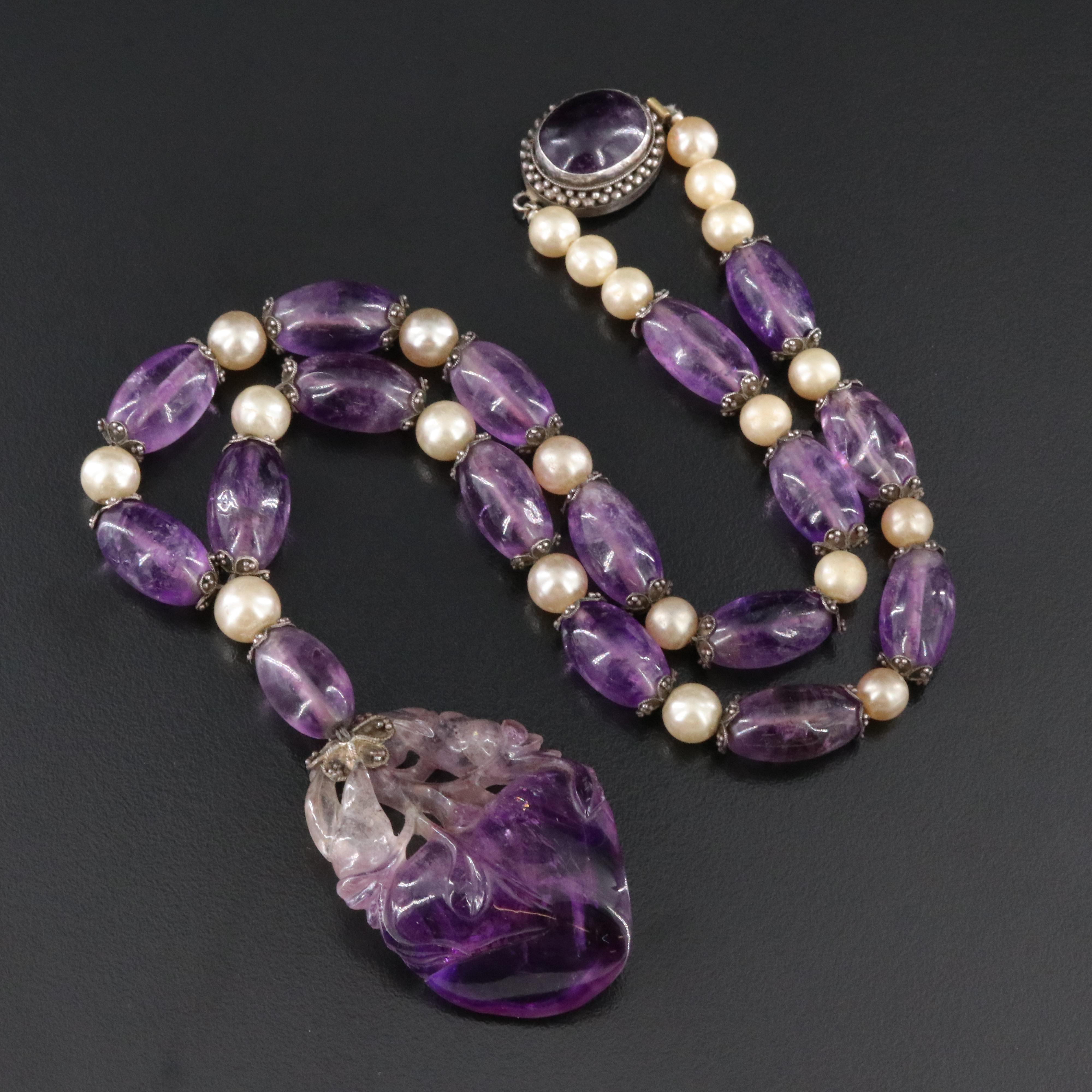 Vintage Chinese Sterling Amethyst and Faux Pearl Carved Fruit and Bird Necklace