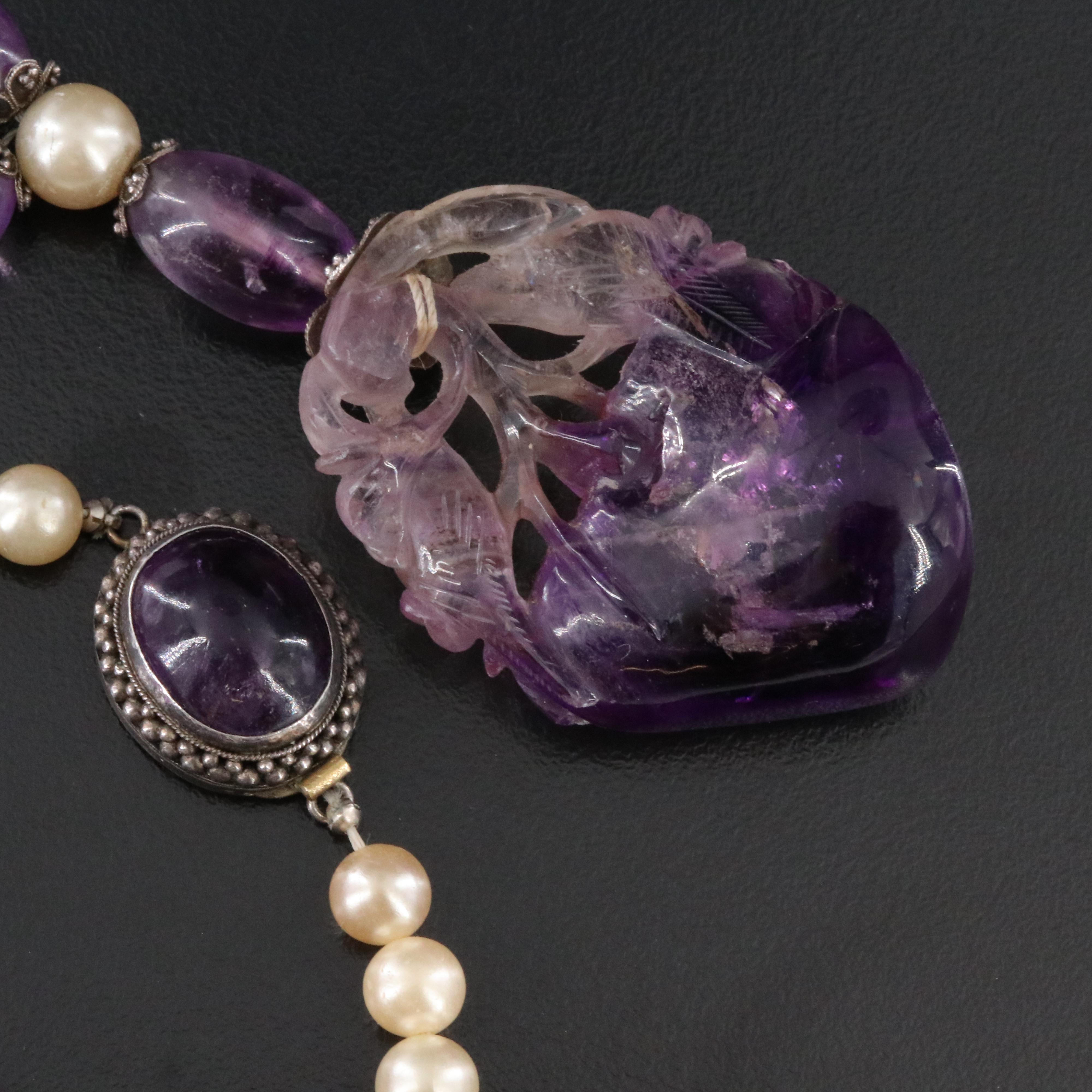 Vintage Chinese Sterling Amethyst and Faux Pearl Carved Fruit and Bird Necklace