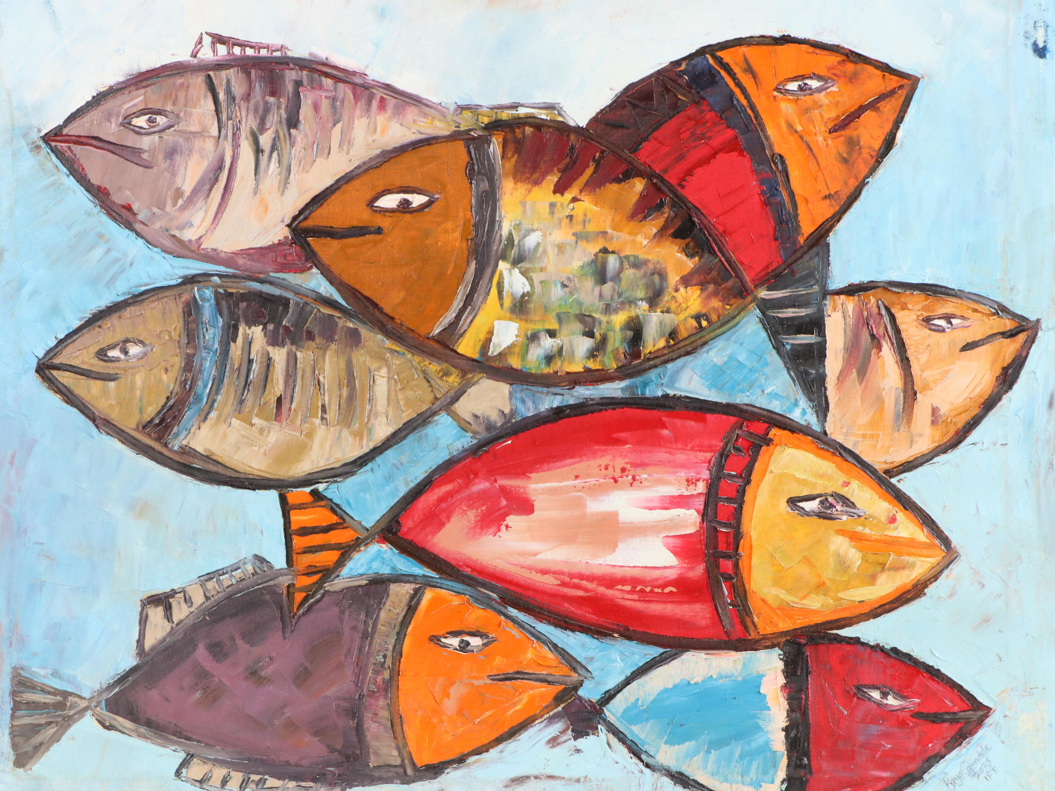 Bayo Ogundele Stylized Oil Painting of Fish, 2025