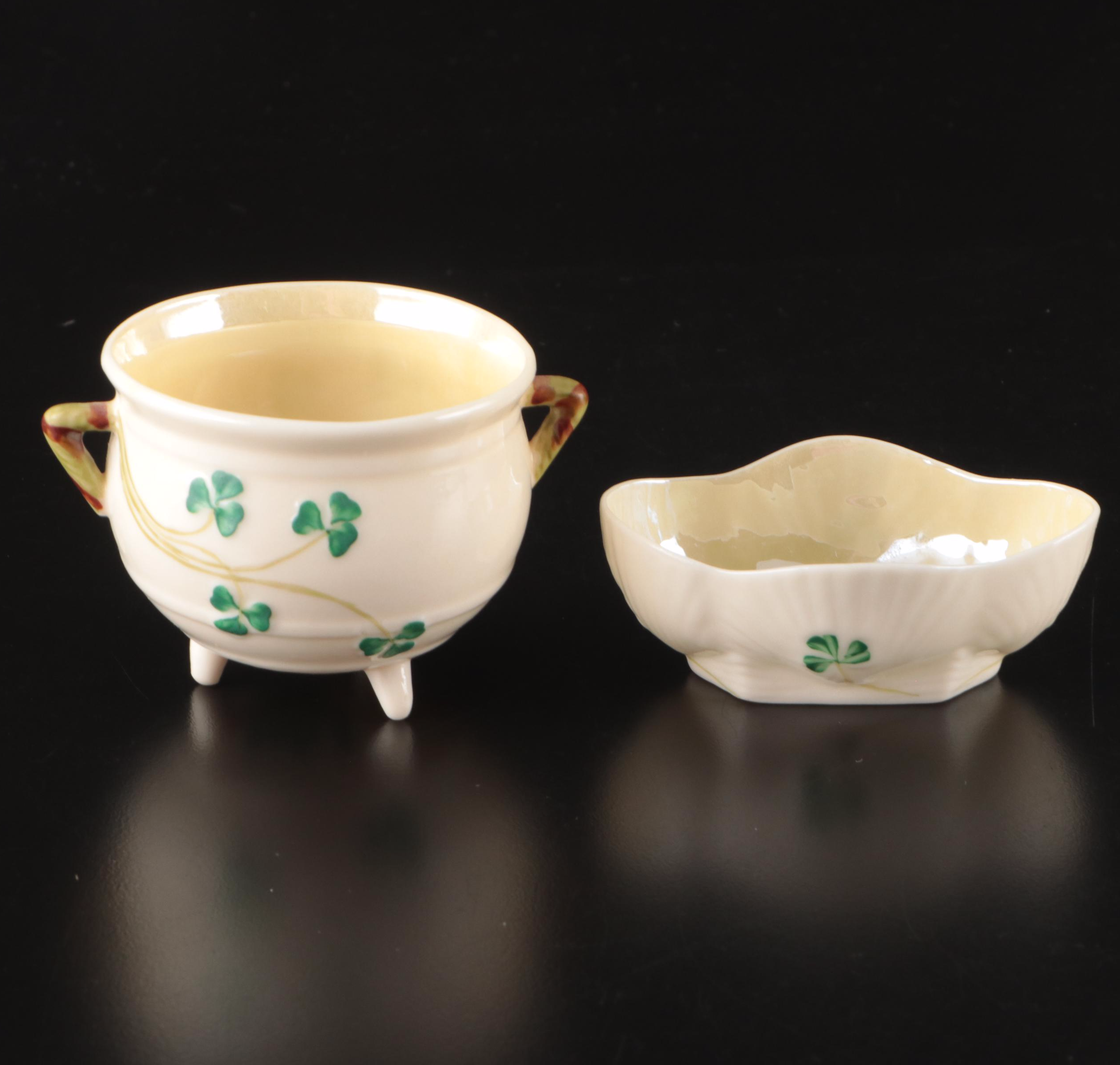 Belleek Shamrock Porcelain Bowls with Maple Leaf Plates and Floral Vase
