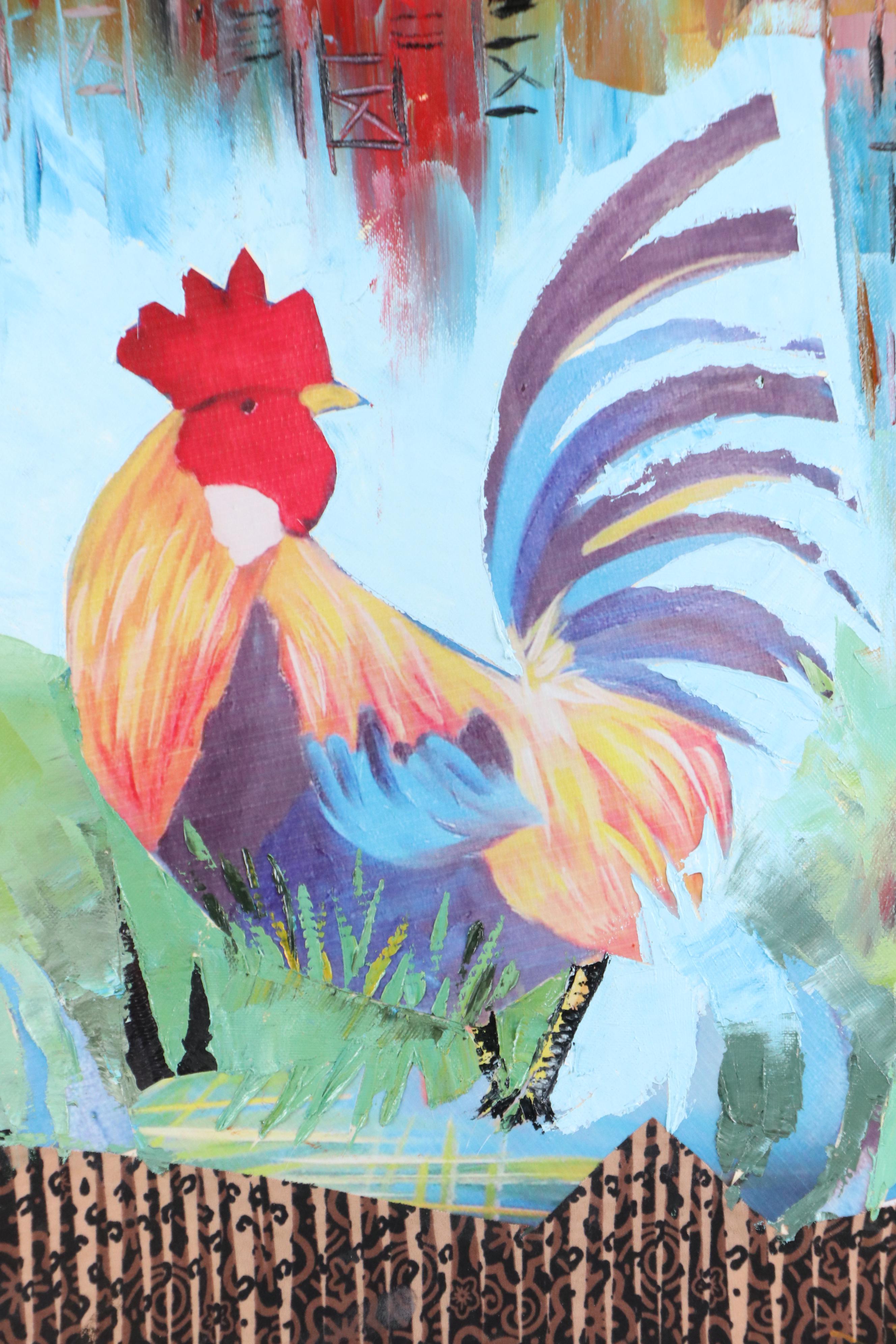 Bayo Ogundele Mixed Media Collage of Rooster, 2005