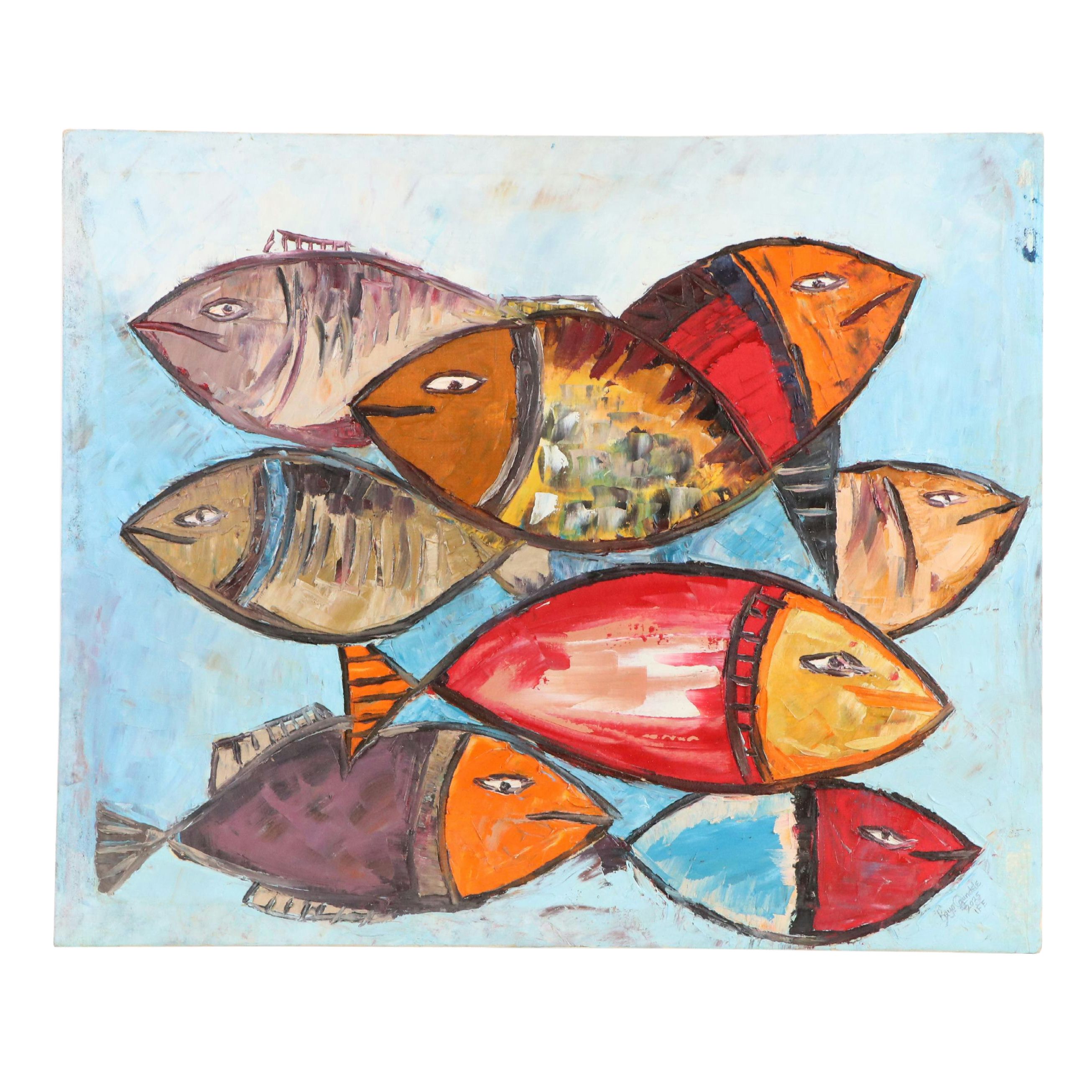 Bayo Ogundele Stylized Oil Painting of Fish, 2025