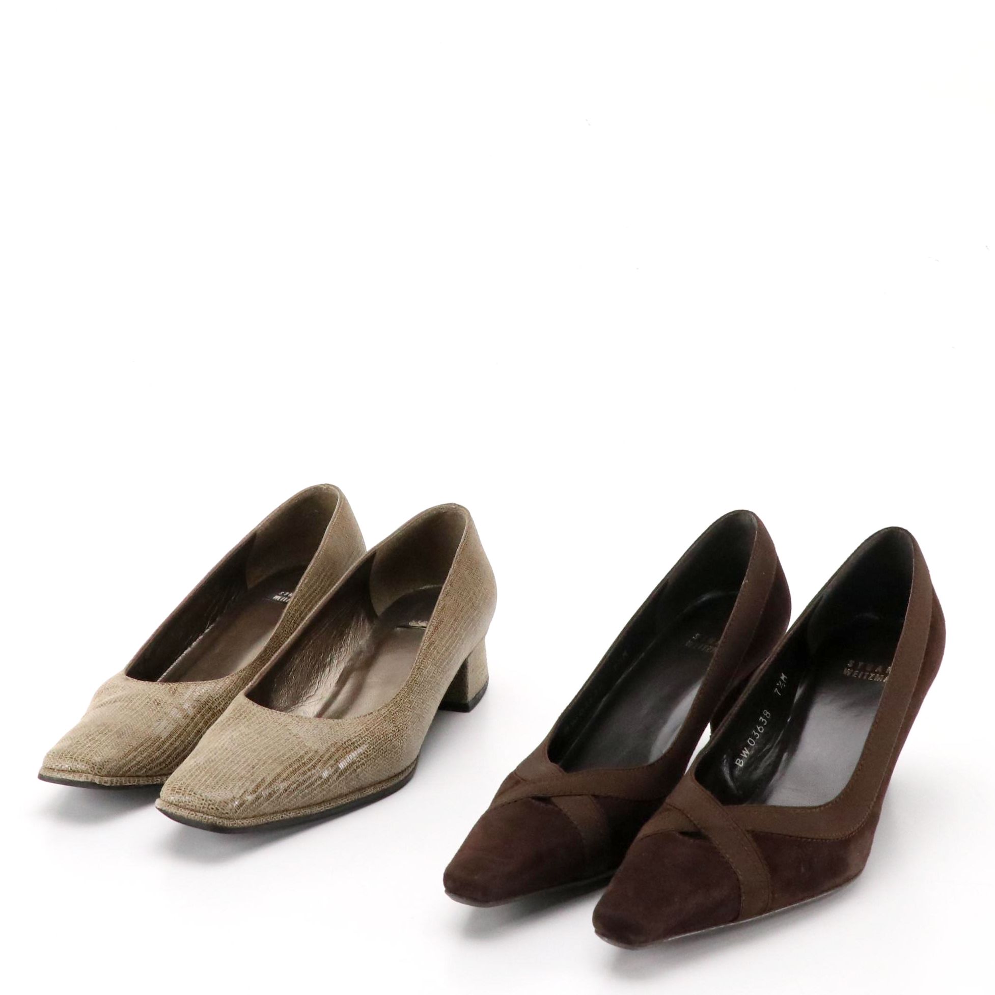 Stuart Weitzman "MidLogic" Cola Suede Pumps, "Sutton" Shiny Mushroom Suede Heels