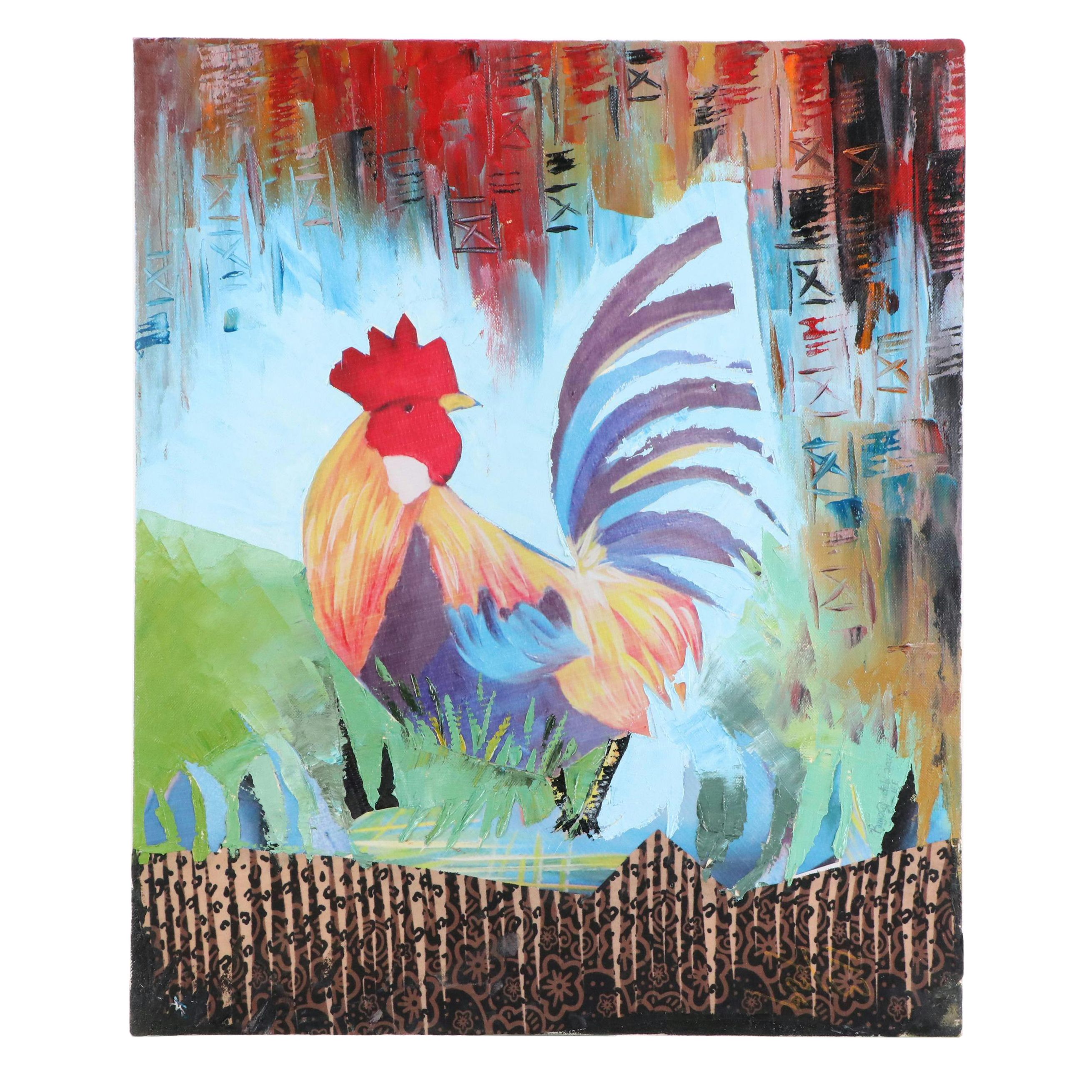 Bayo Ogundele Mixed Media Collage of Rooster, 2005