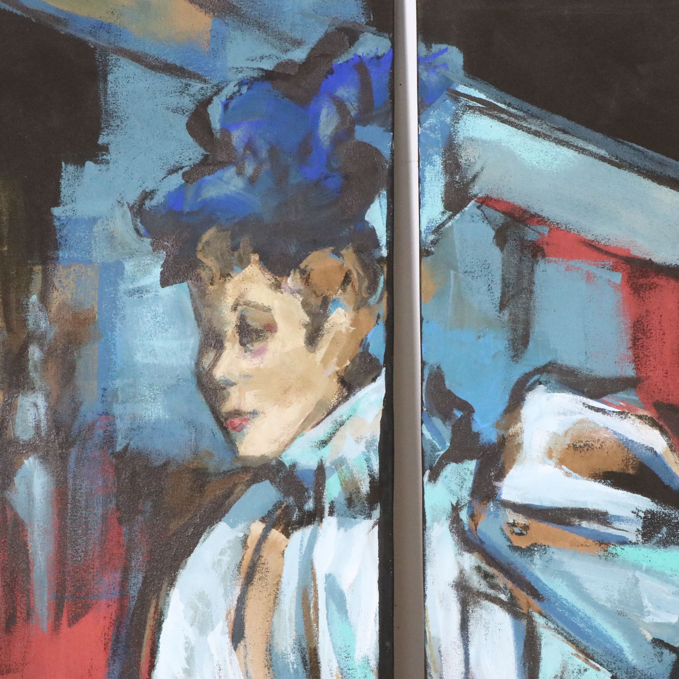 Oil Painting Triptych of Early Moulin Rouge Cabaret Dancer, 21st Century
