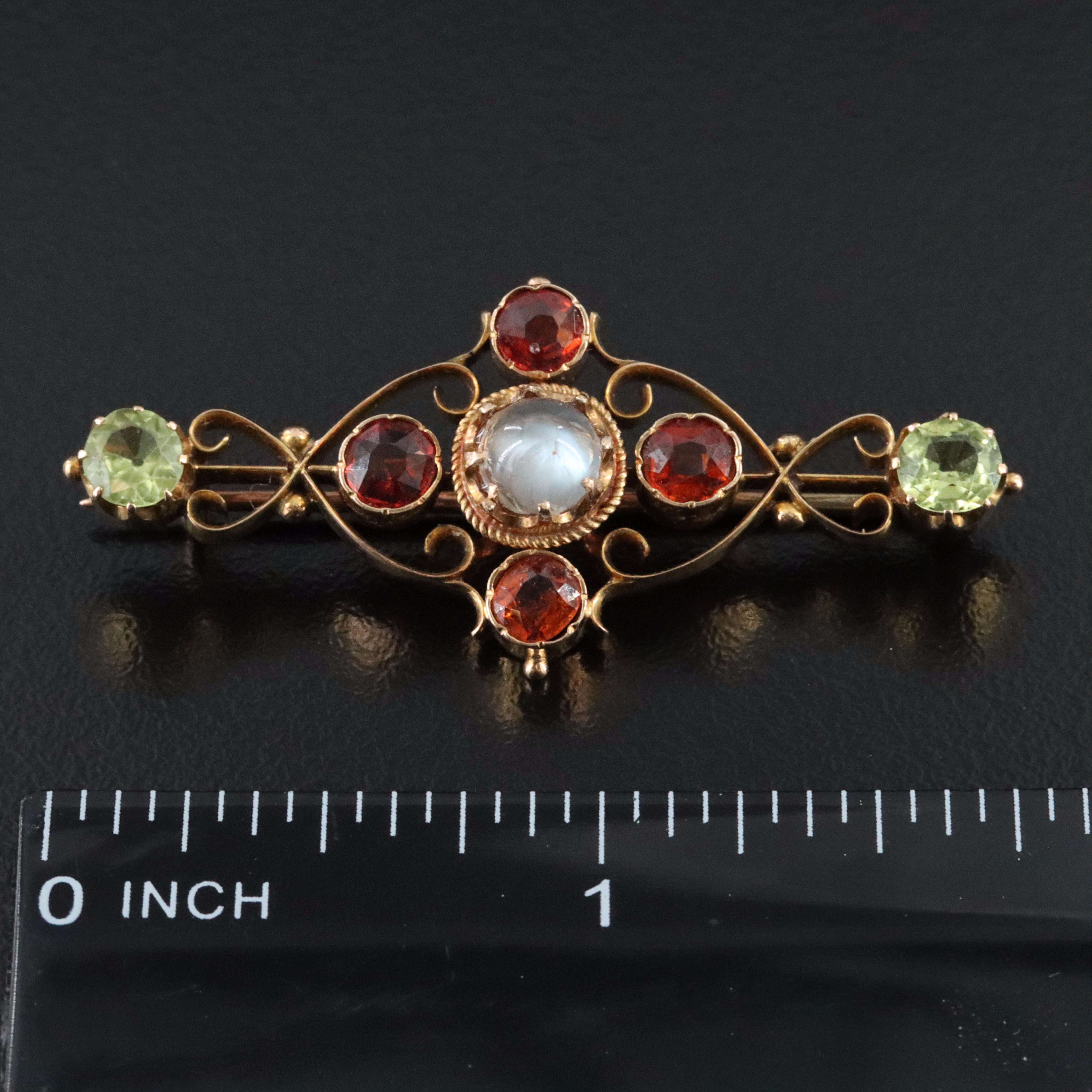Arts & Crafts 14K Moonstone, Garnet and Zircon Scrollwork Brooch