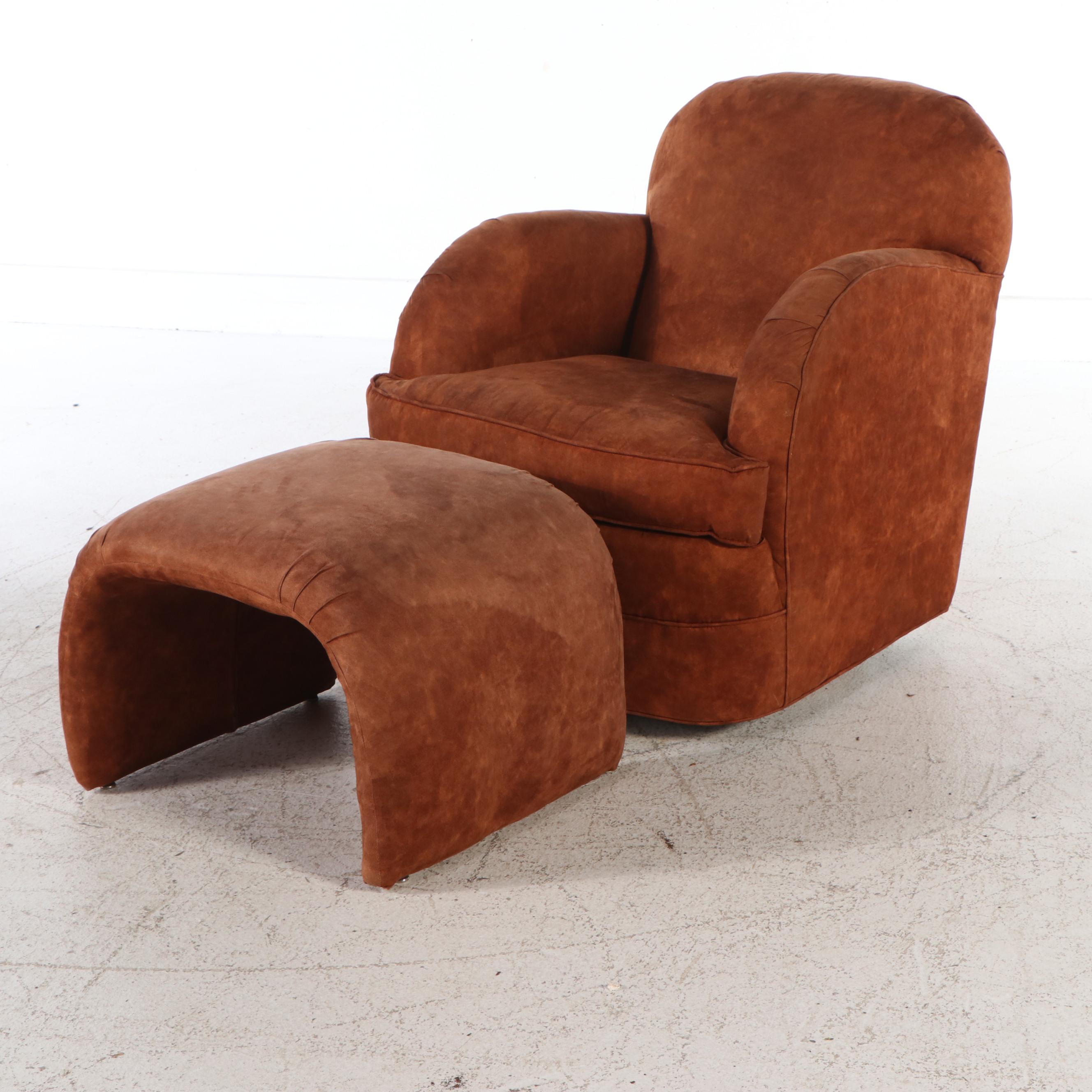 Pair of Art Deco Style Swivel Club Chairs and Waterfall Ottomans