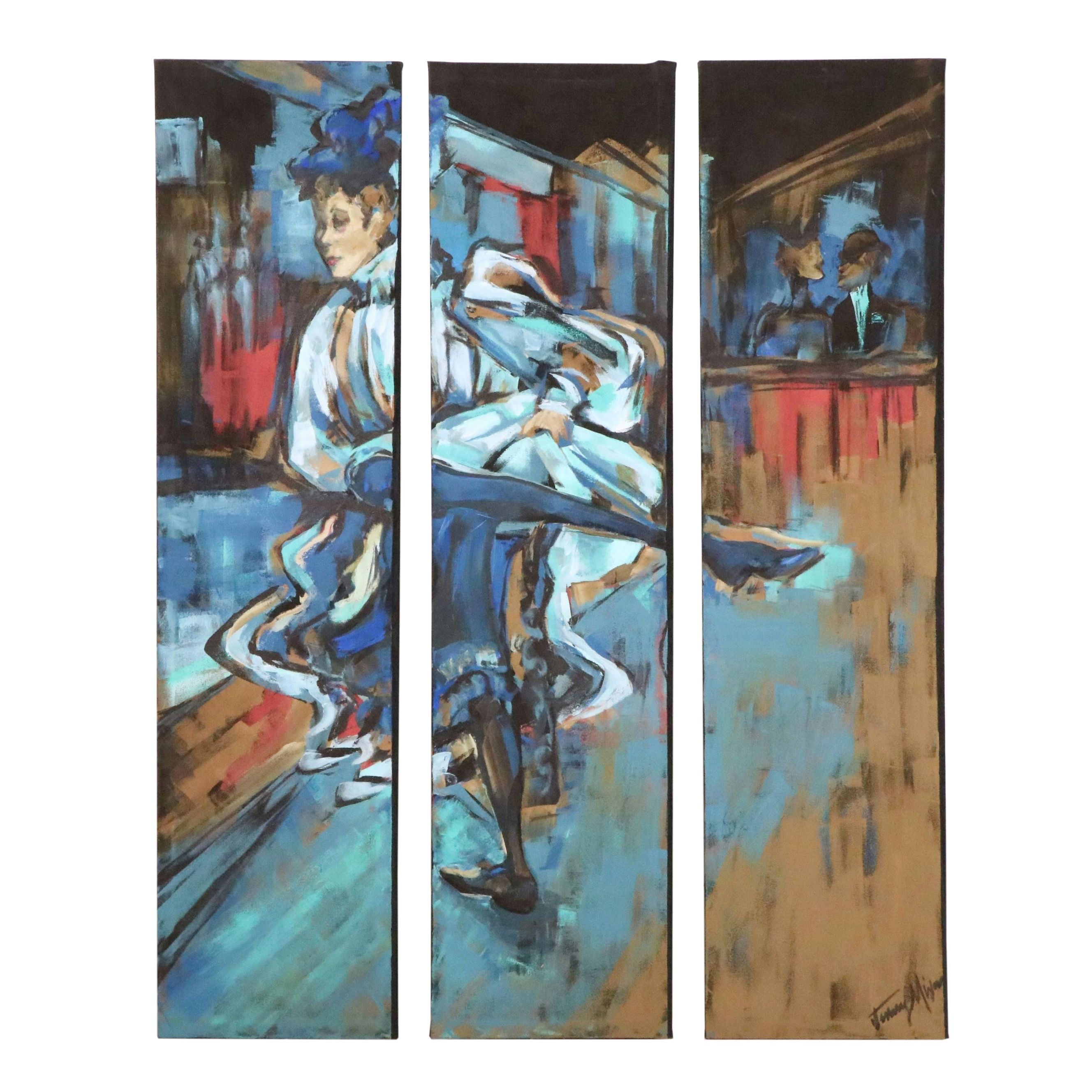 Oil Painting Triptych of Early Moulin Rouge Cabaret Dancer, 21st Century