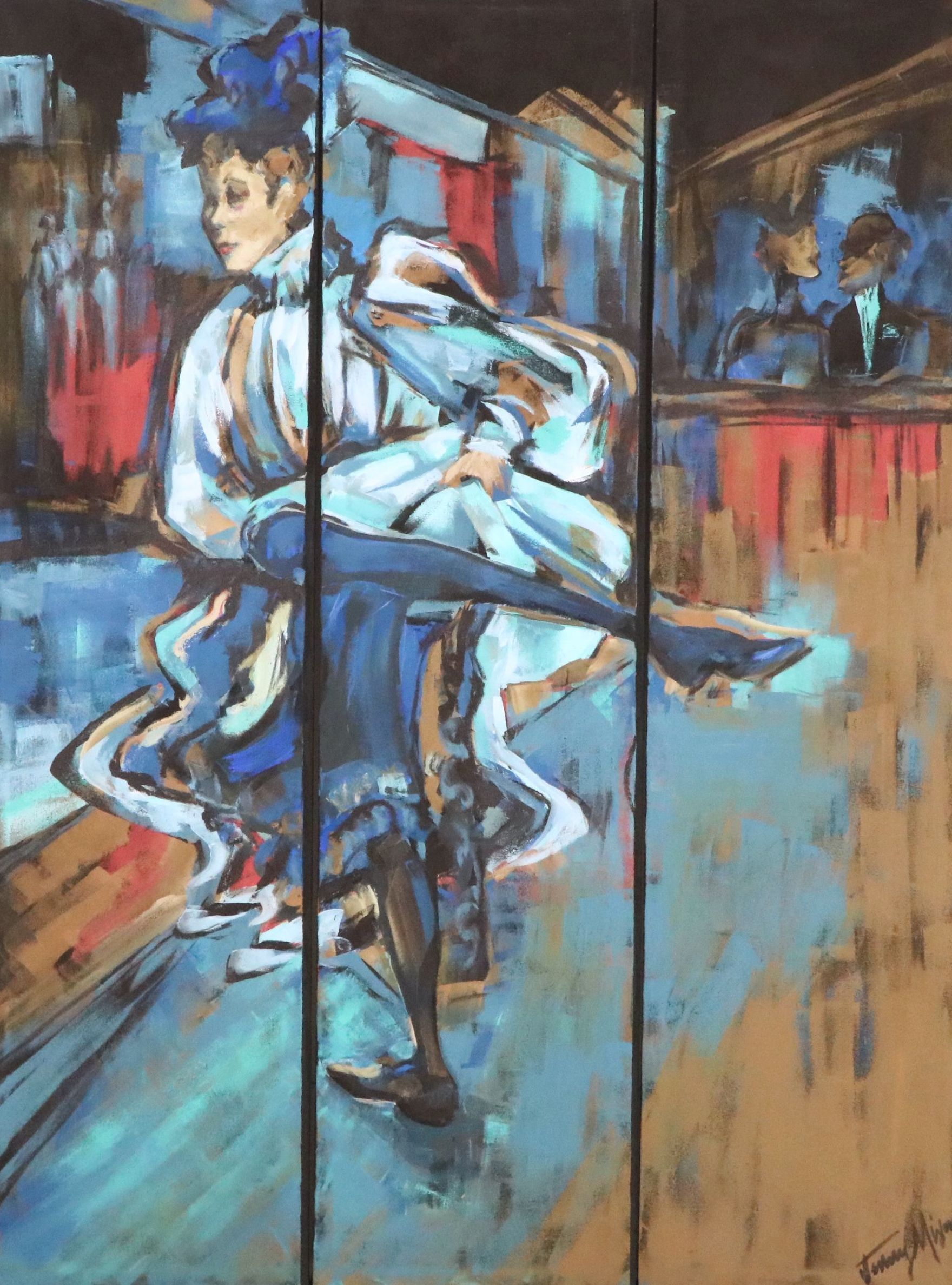 Oil Painting Triptych of Early Moulin Rouge Cabaret Dancer, 21st Century