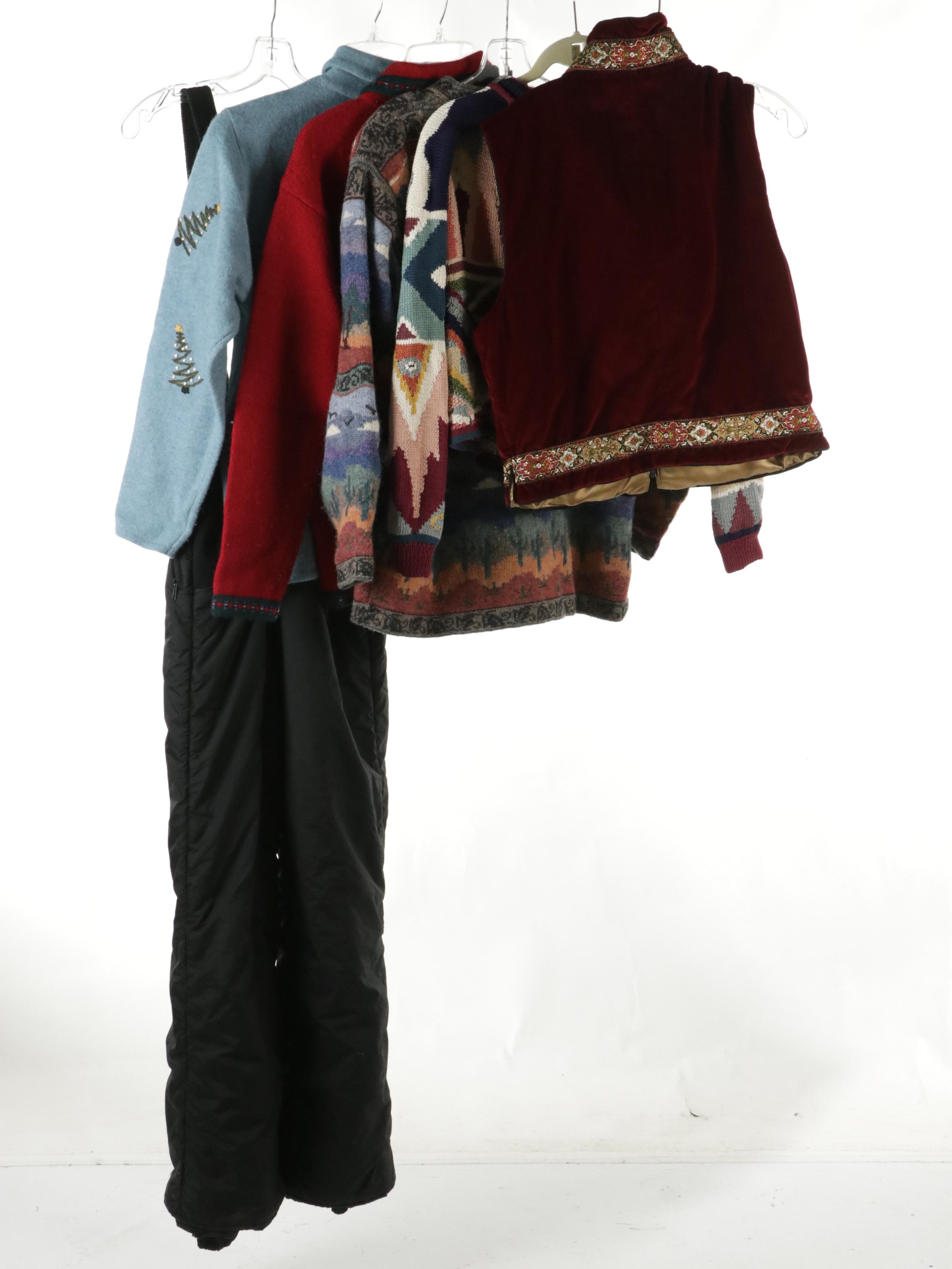 Skea Zip Vest, Icelandic Designs, Peruvian & Talbots Cardigans, and Snow Bibs