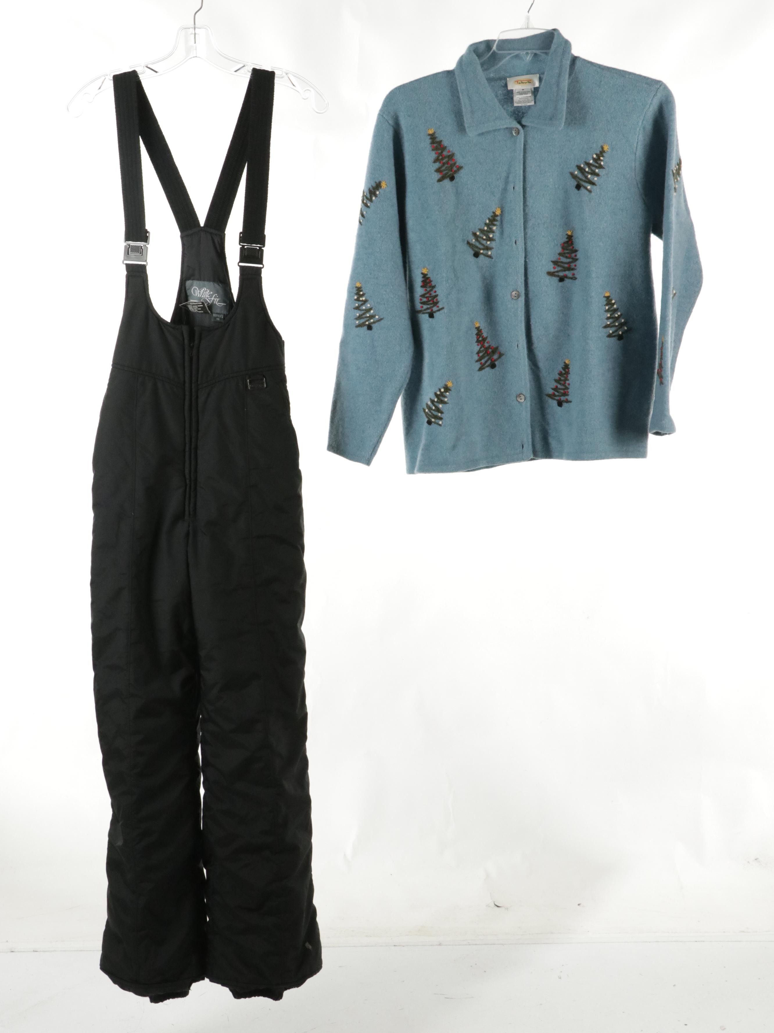 Skea Zip Vest, Icelandic Designs, Peruvian & Talbots Cardigans, and Snow Bibs