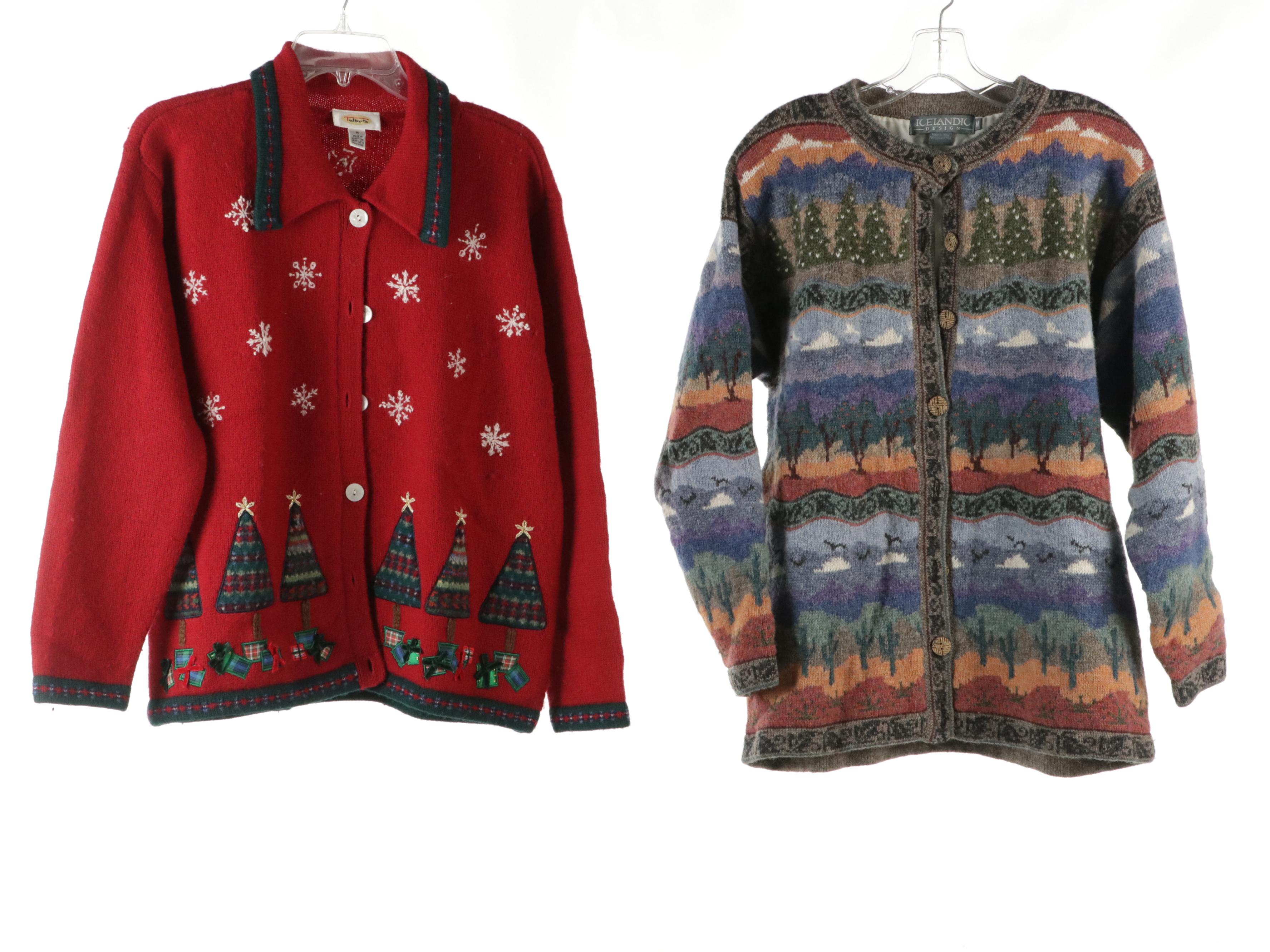 Skea Zip Vest, Icelandic Designs, Peruvian & Talbots Cardigans, and Snow Bibs