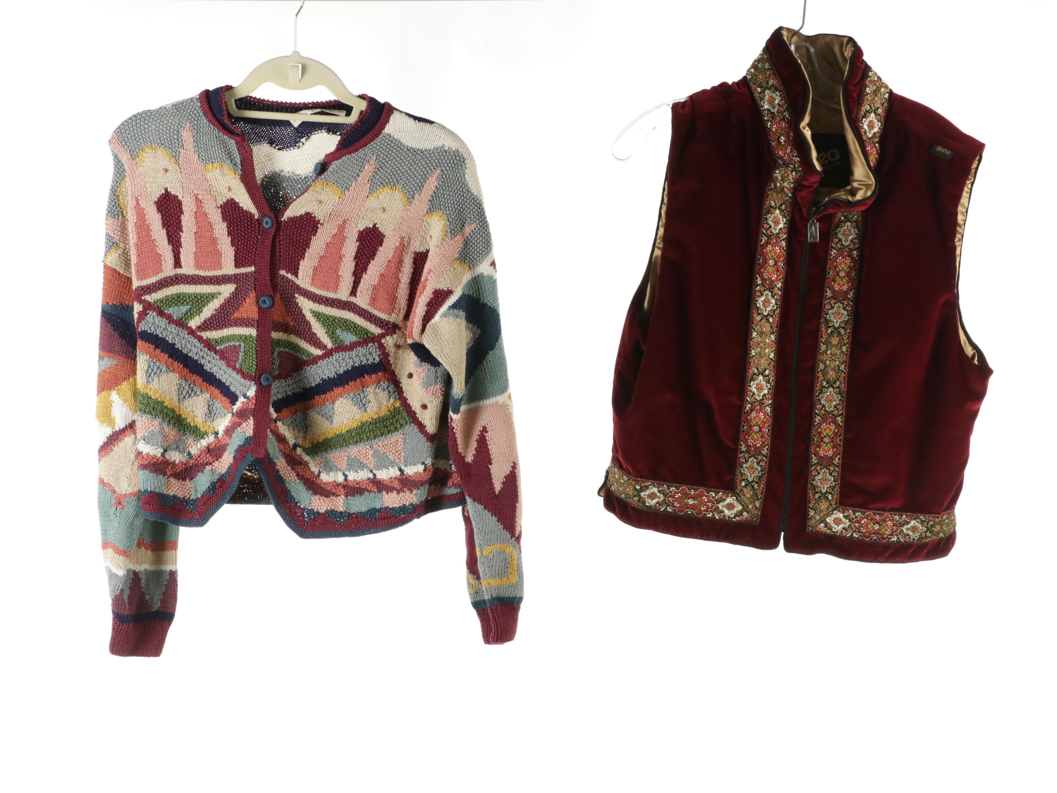 Skea Zip Vest, Icelandic Designs, Peruvian & Talbots Cardigans, and Snow Bibs