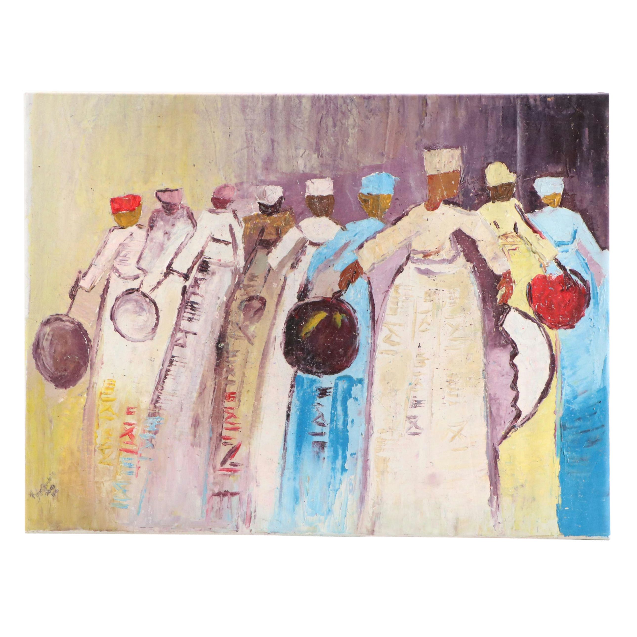 Bayo Ogundele Stylized Figural Oil Painting "Traditional Chiefs," 2003