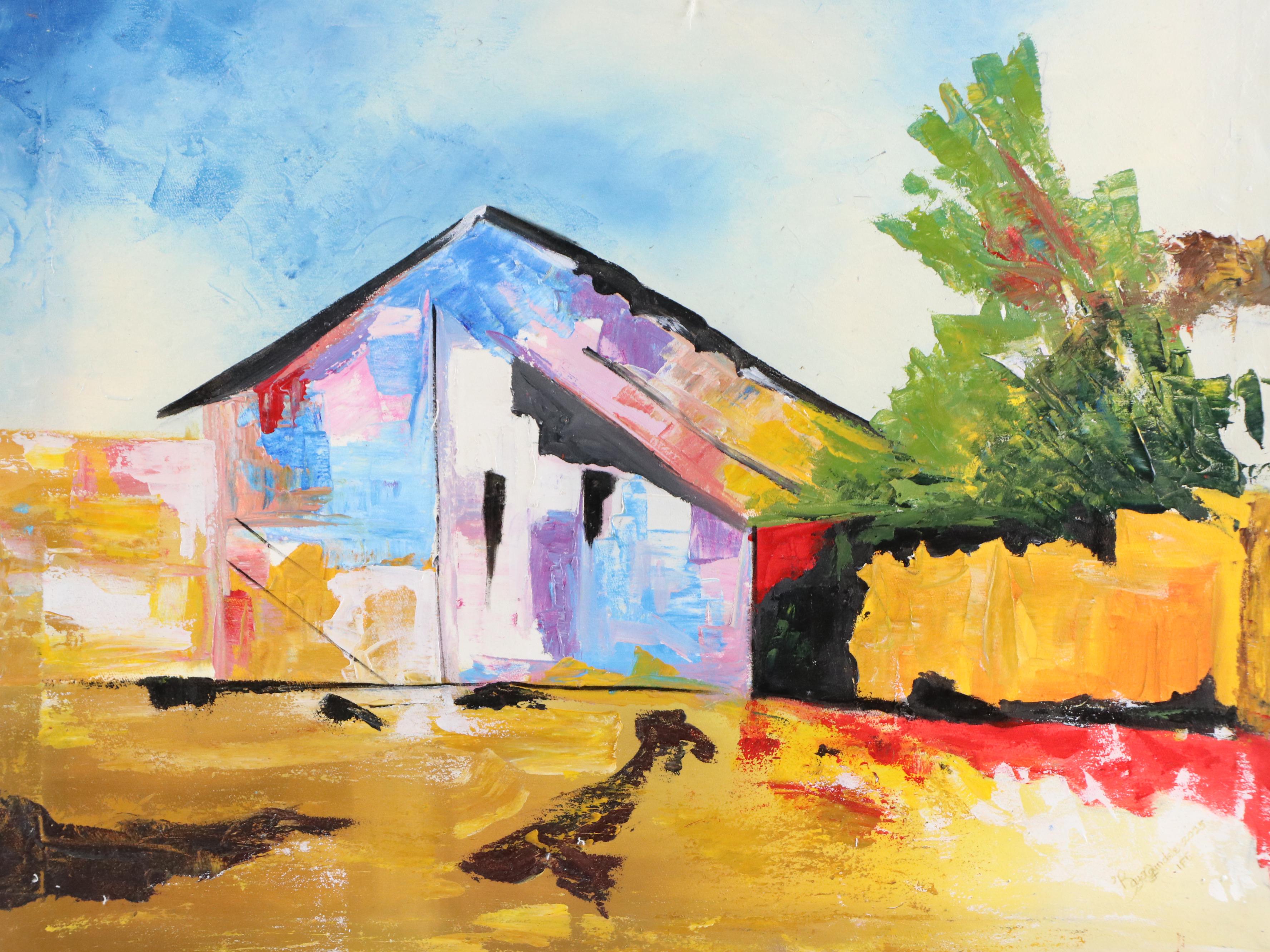 Bayo Ogundele Stylized Oil Painting "Local Village," 2025