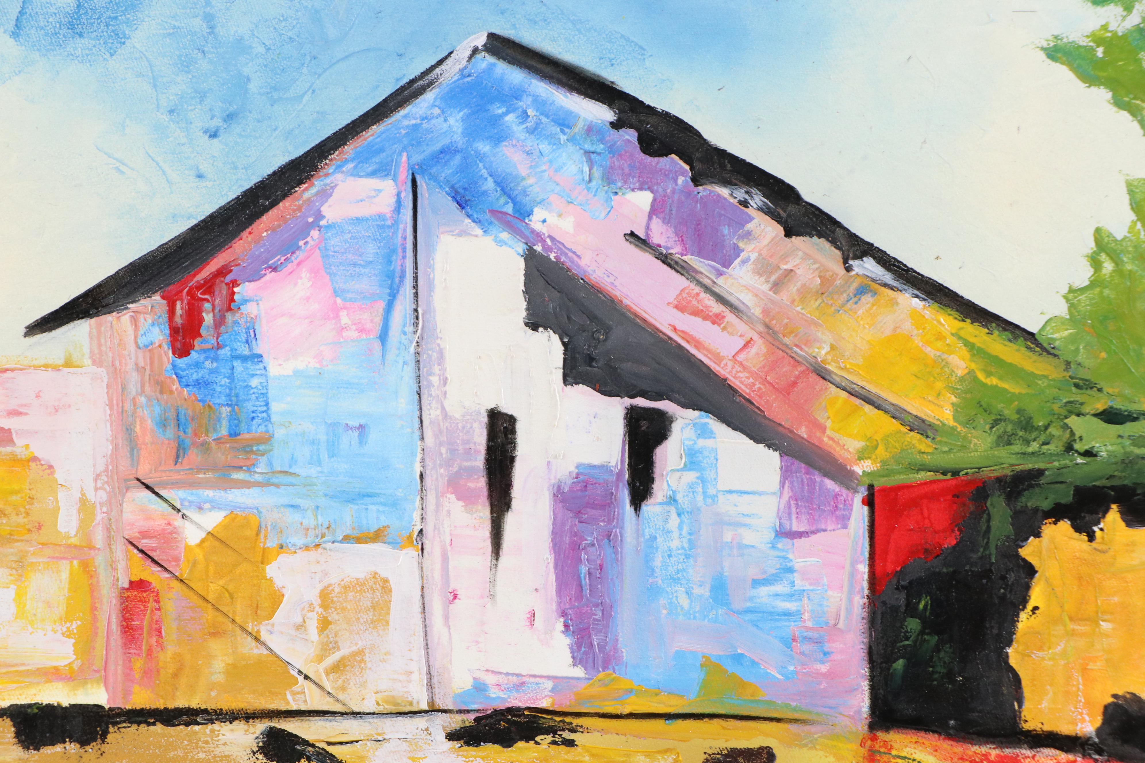 Bayo Ogundele Stylized Oil Painting "Local Village," 2025