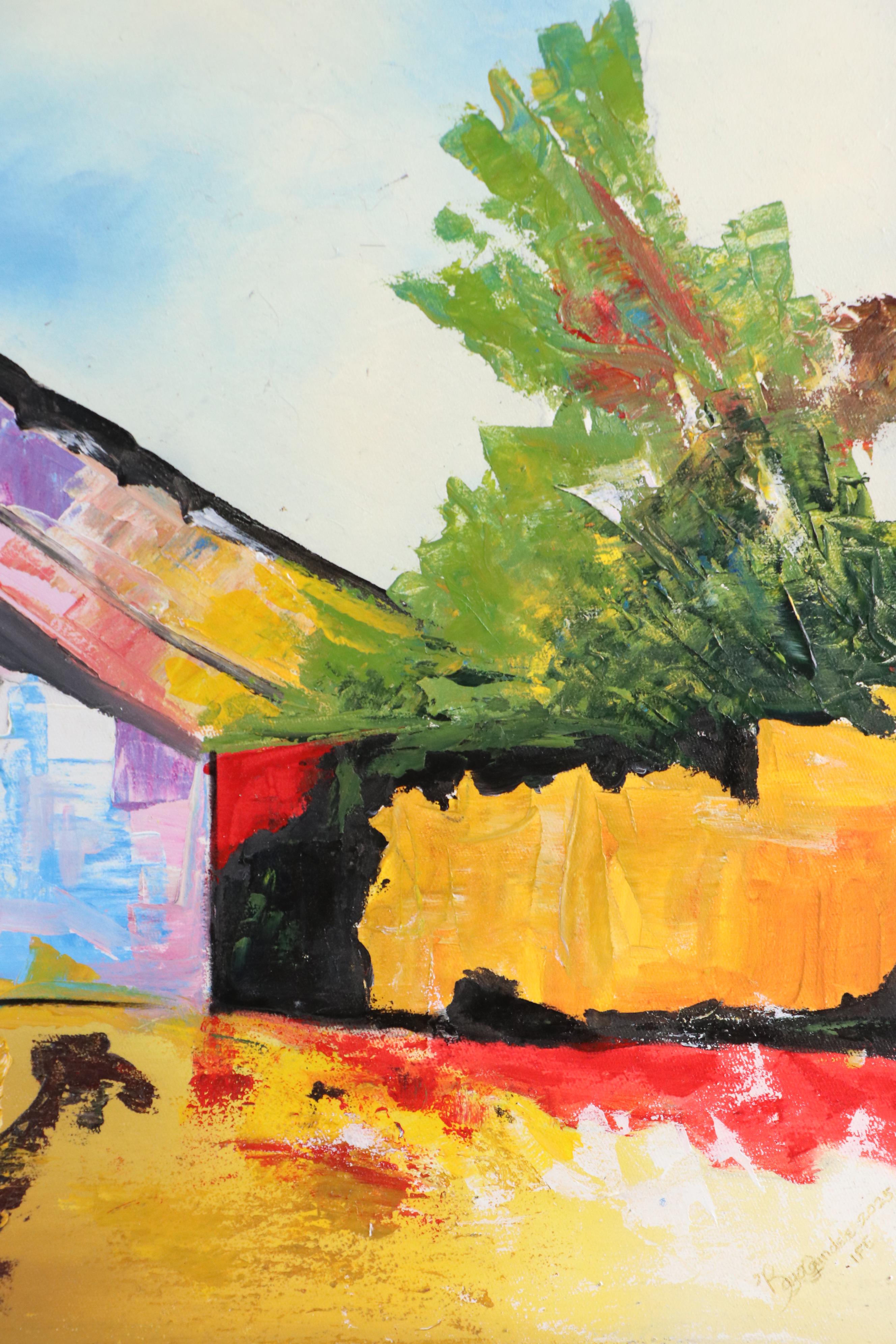 Bayo Ogundele Stylized Oil Painting "Local Village," 2025