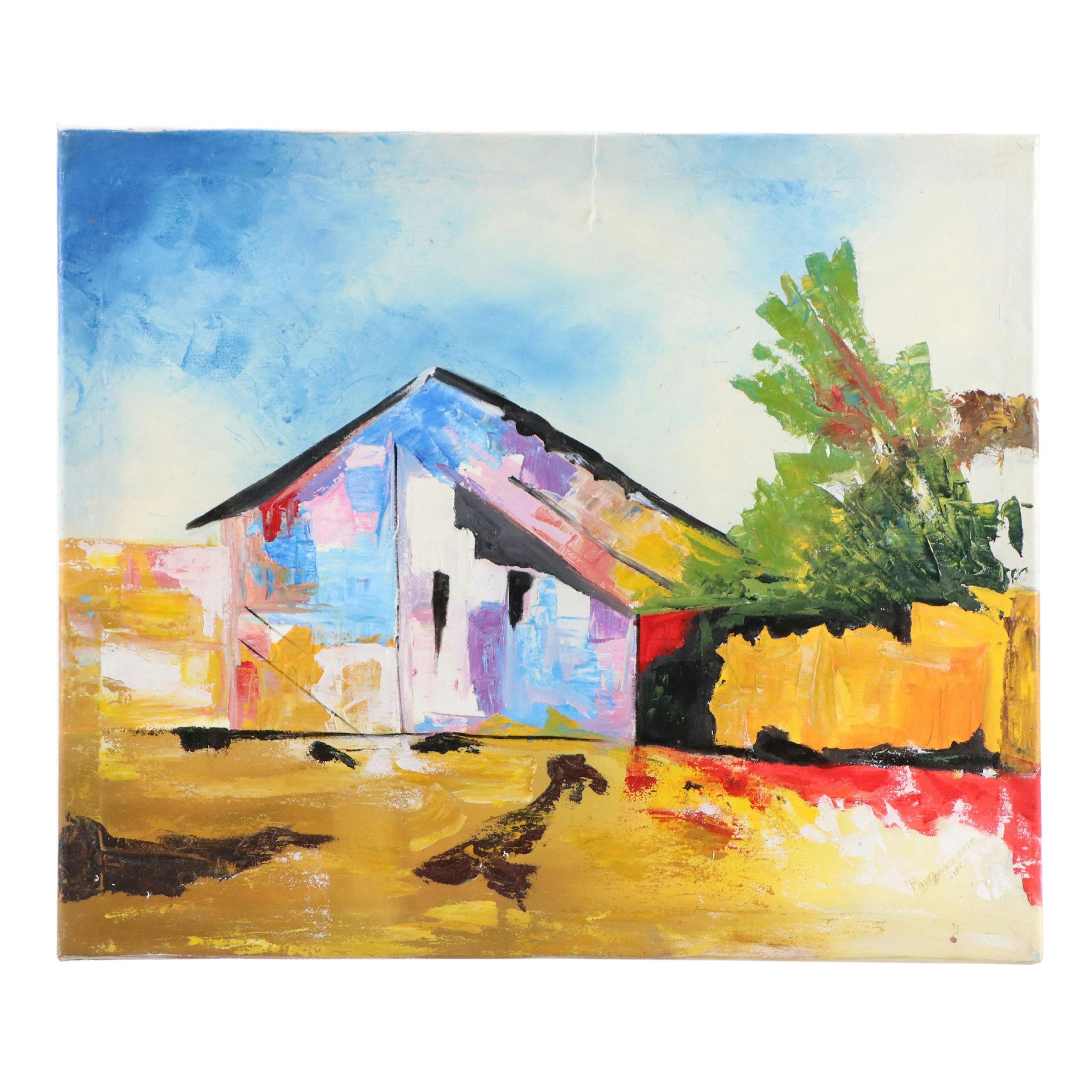 Bayo Ogundele Stylized Oil Painting "Local Village," 2025