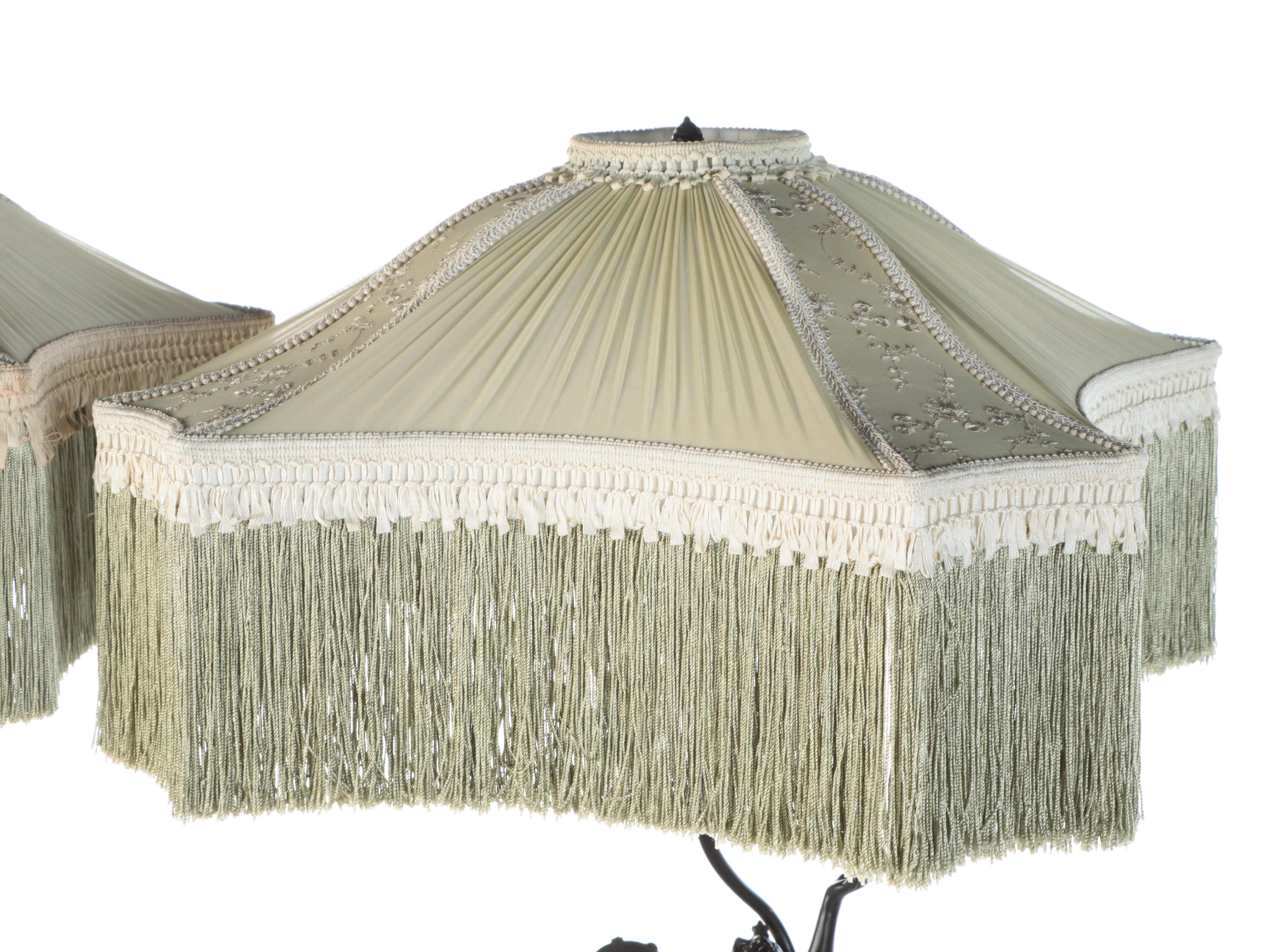 Bronzed Metal Satyr & Dryad Lamps After L&F Moreau with Victorian Square Shades