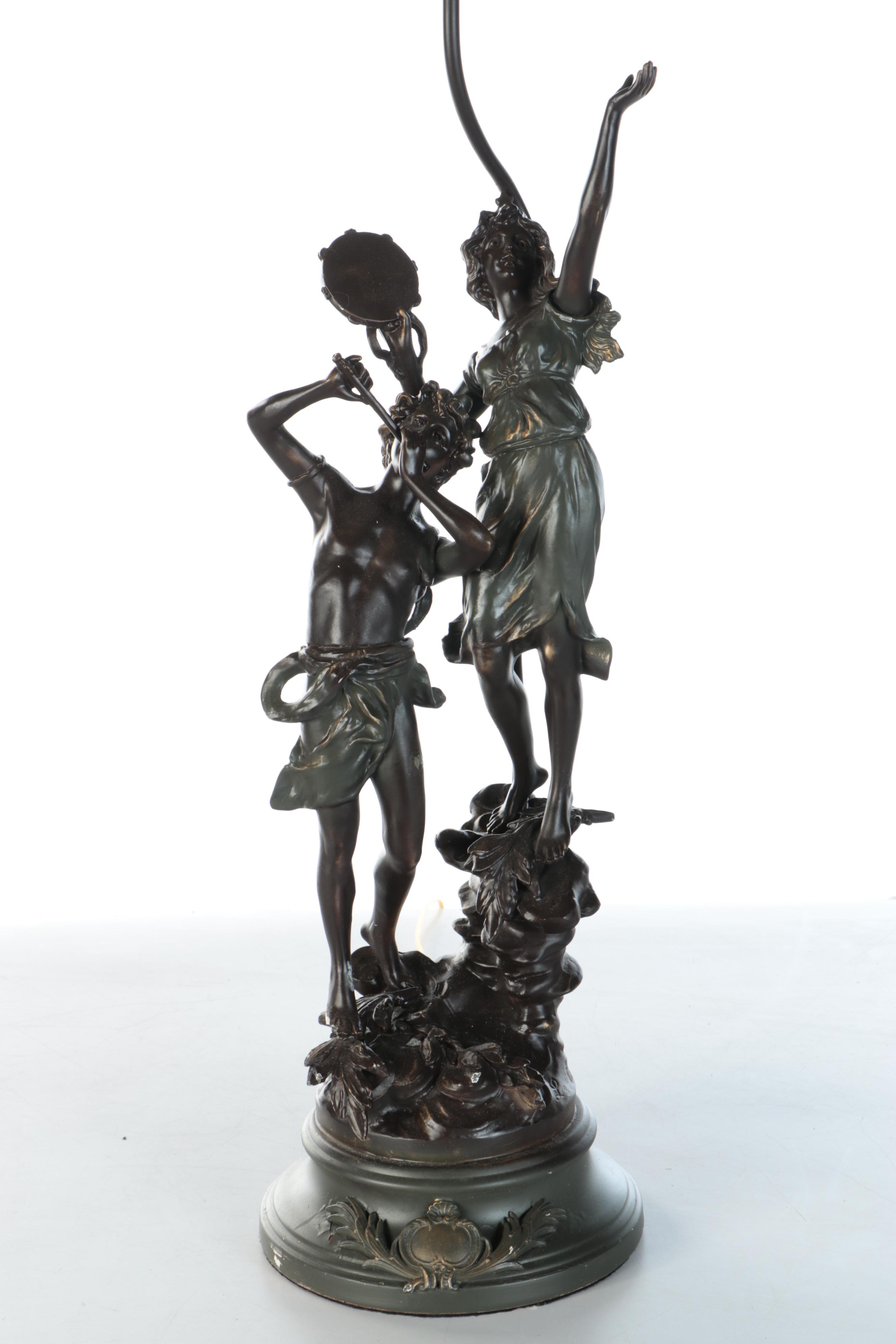 Bronzed Metal Satyr & Dryad Lamps After L&F Moreau with Victorian Square Shades