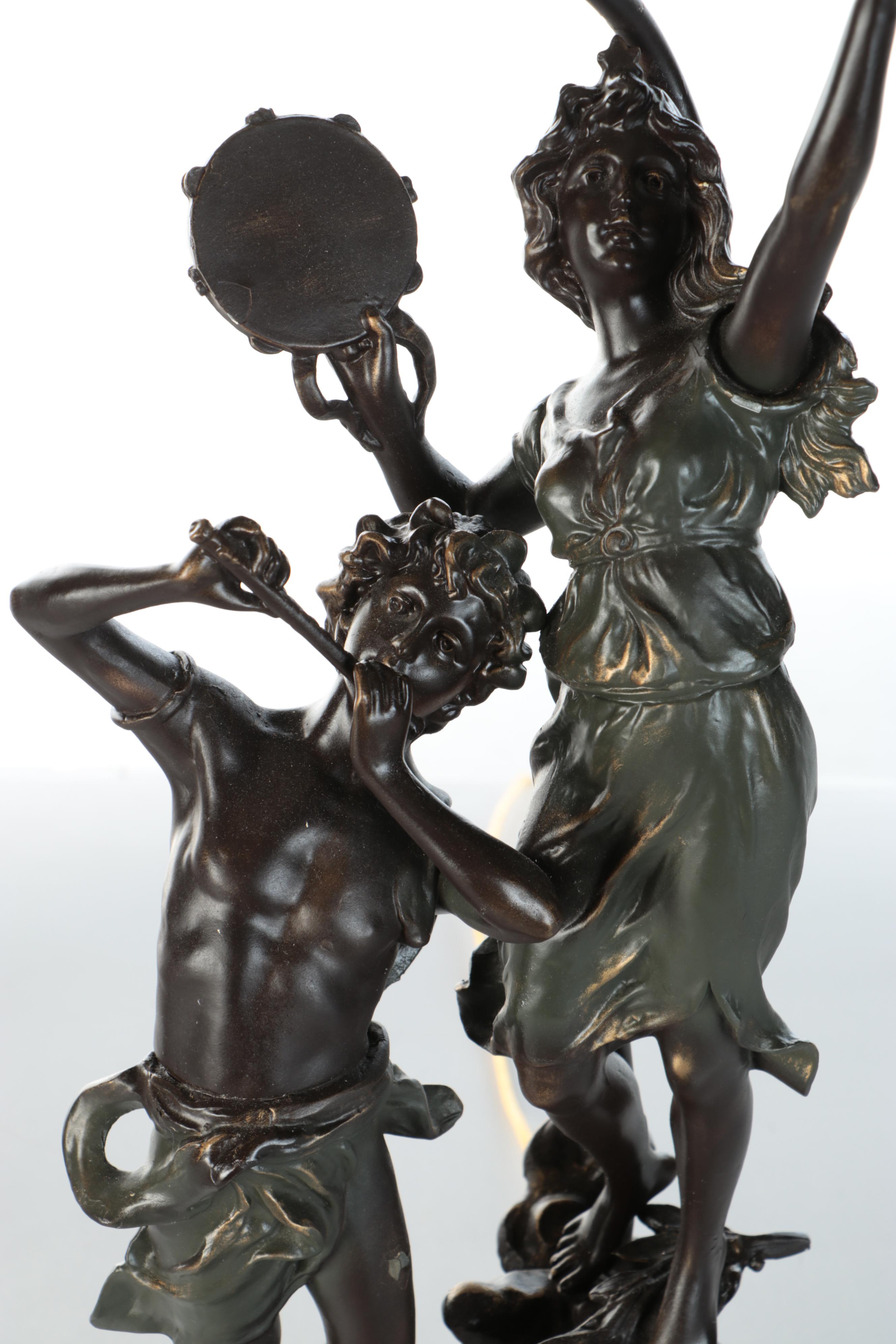 Bronzed Metal Satyr & Dryad Lamps After L&F Moreau with Victorian Square Shades