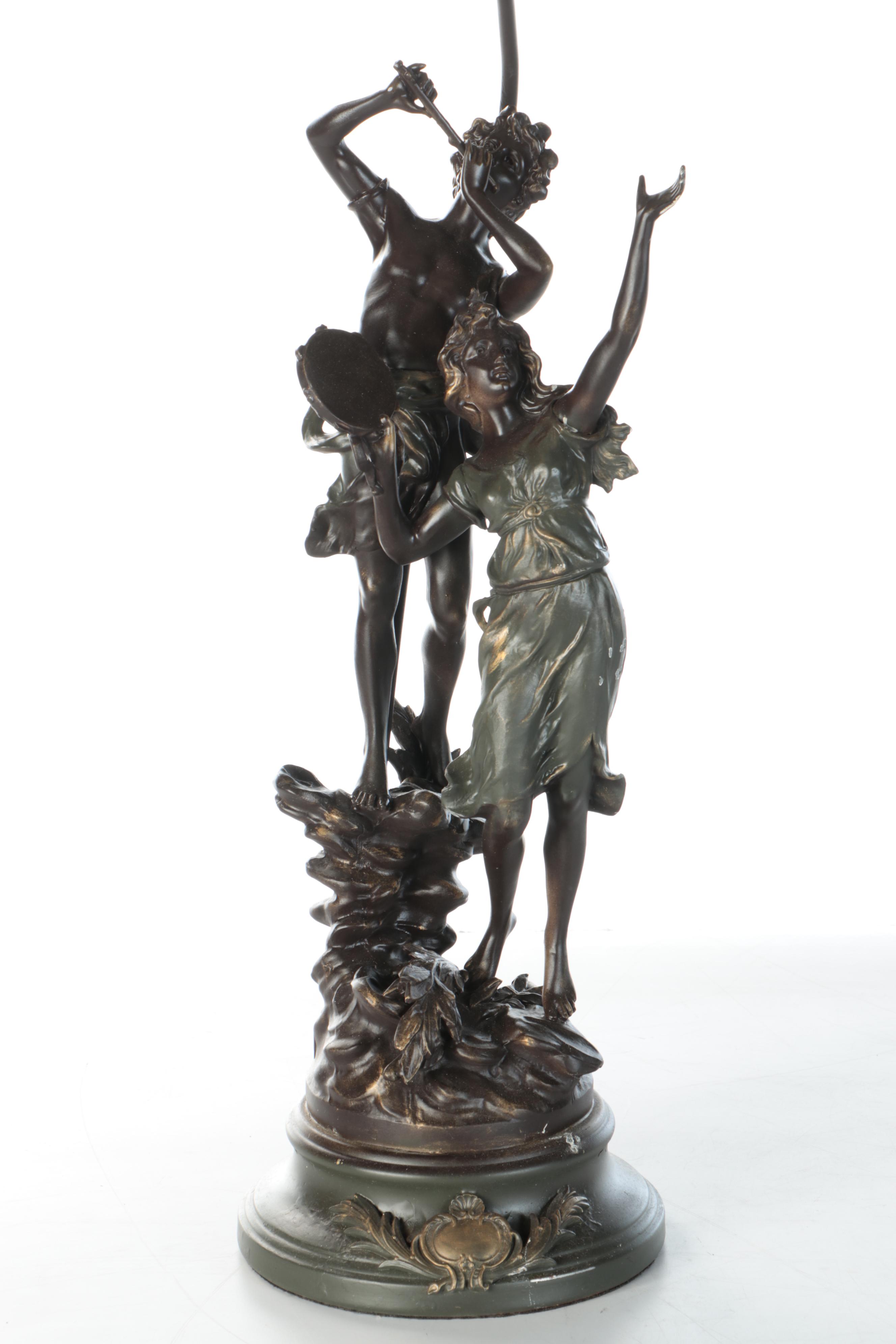 Bronzed Metal Satyr & Dryad Lamps After L&F Moreau with Victorian Square Shades