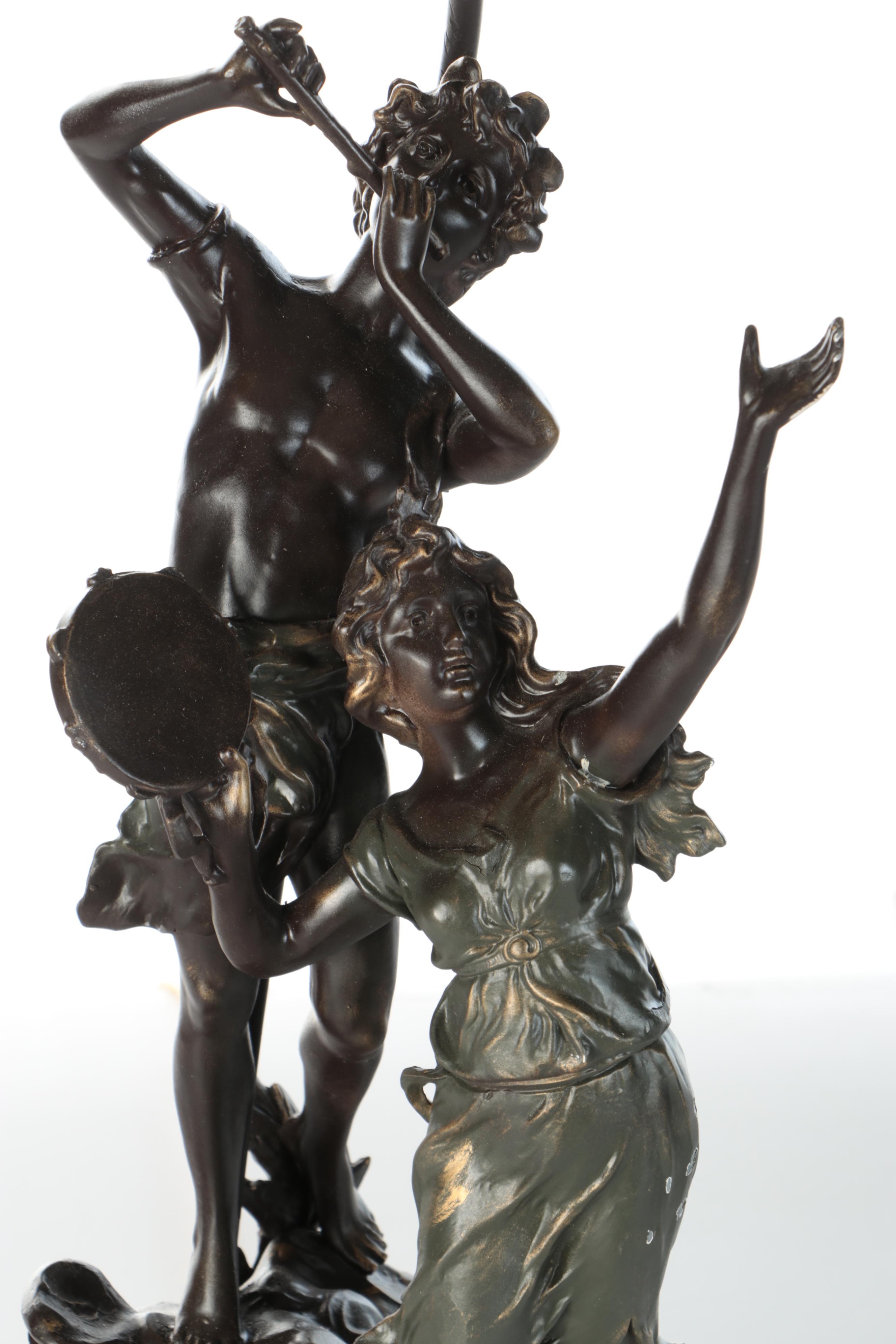 Bronzed Metal Satyr & Dryad Lamps After L&F Moreau with Victorian Square Shades