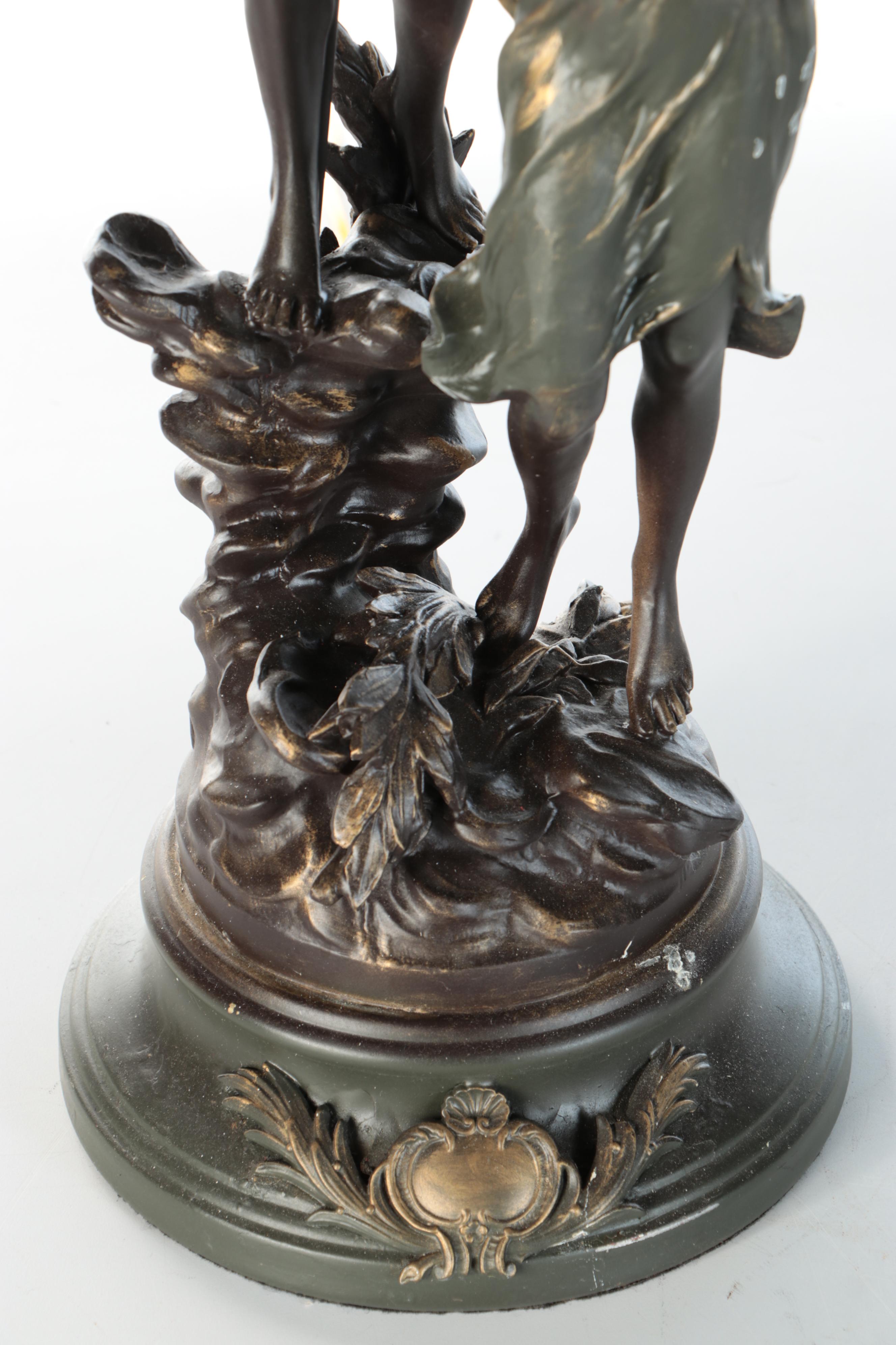 Bronzed Metal Satyr & Dryad Lamps After L&F Moreau with Victorian Square Shades