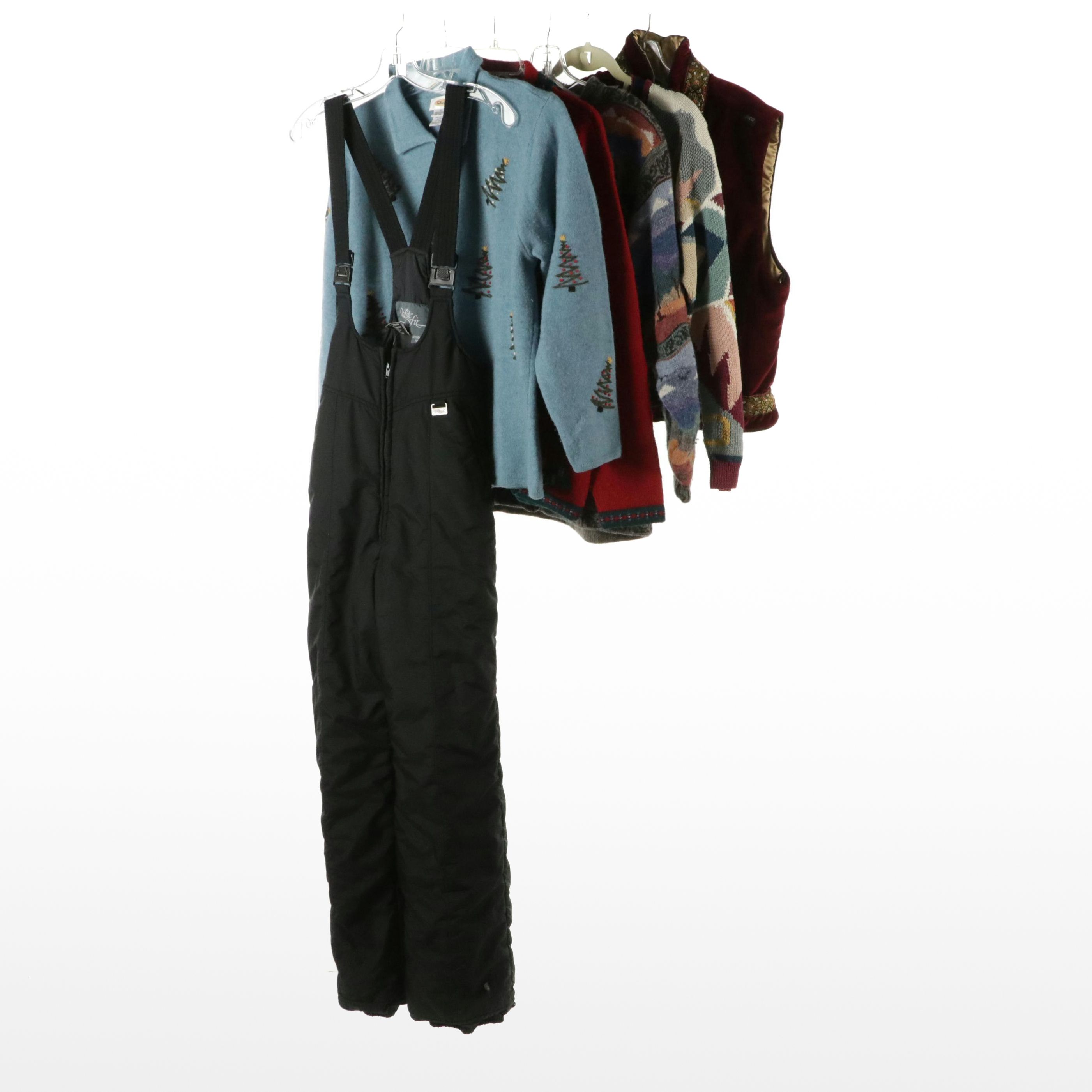 Skea Zip Vest, Icelandic Designs, Peruvian & Talbots Cardigans, and Snow Bibs