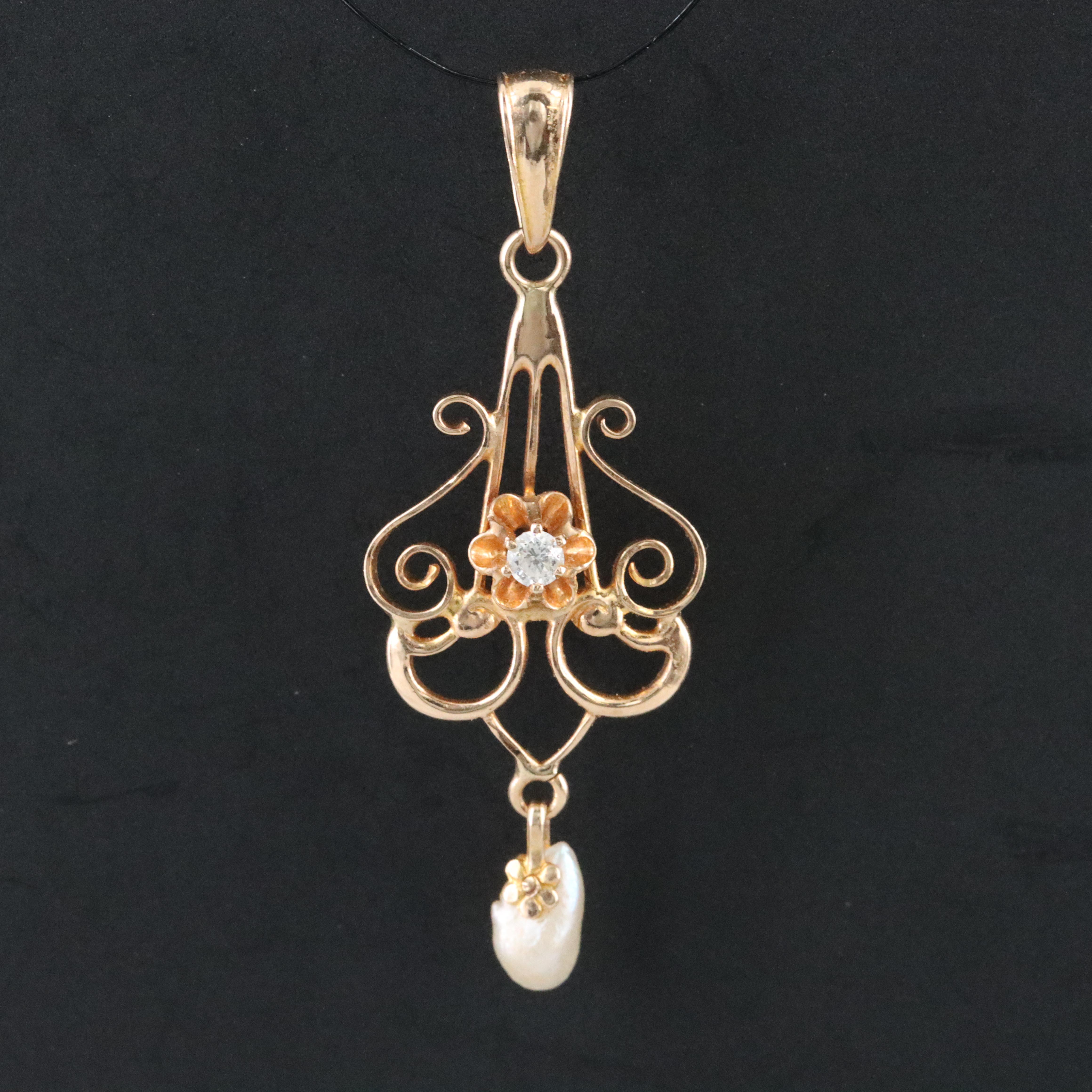 Ostby & Barton 10K 0.04 CT Diamond and Seed Pearl Lavalier Pendant