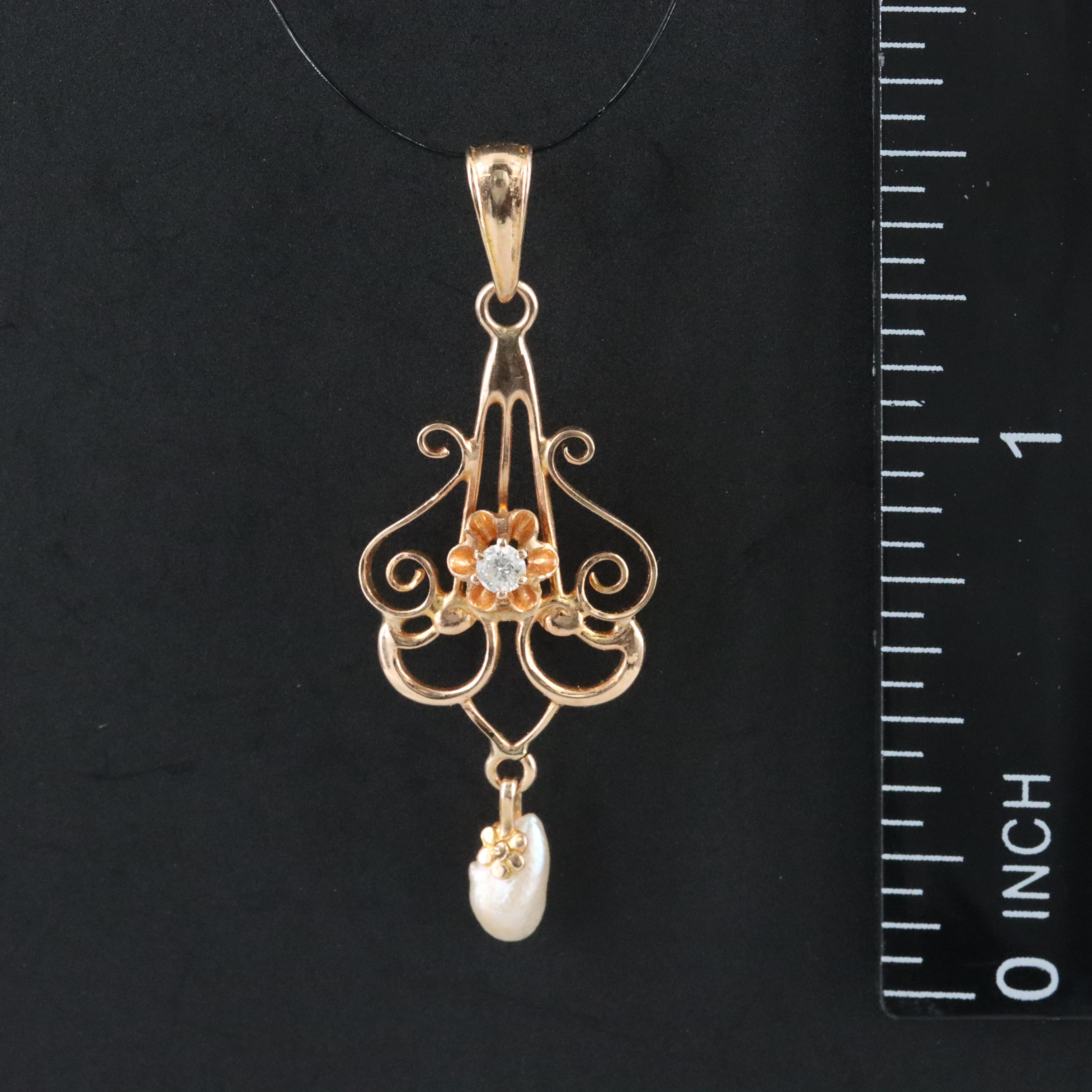 Ostby & Barton 10K 0.04 CT Diamond and Seed Pearl Lavalier Pendant