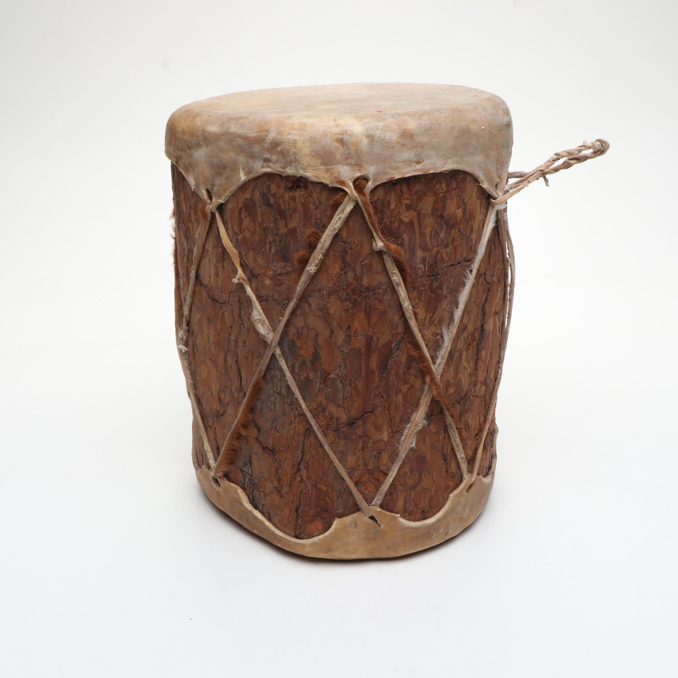 Native American Style Hide Wrapped Rough Pine Wood Drum with Stick