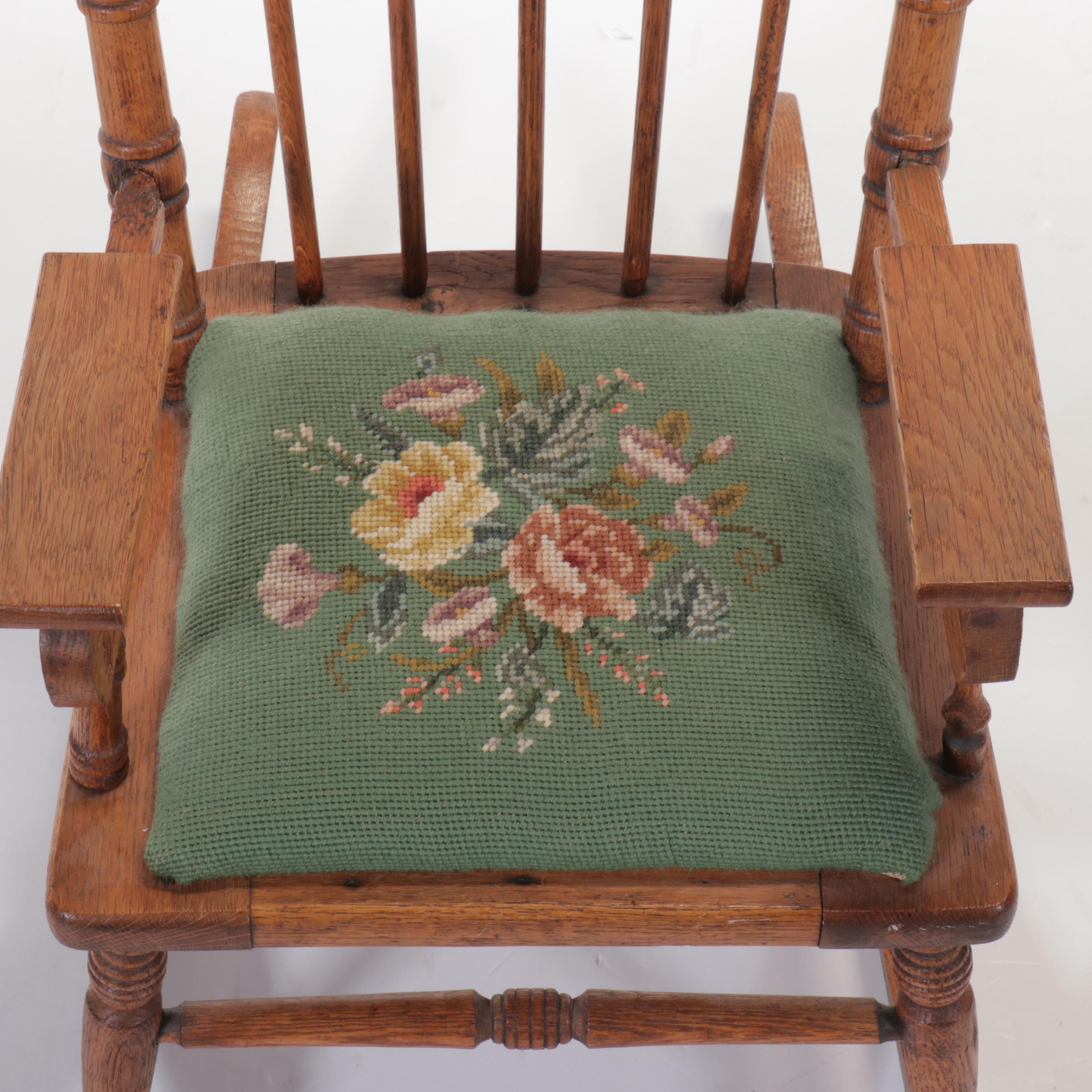 Victorian Press Carved Oak Rocking Chair with Needlepoint Seat
