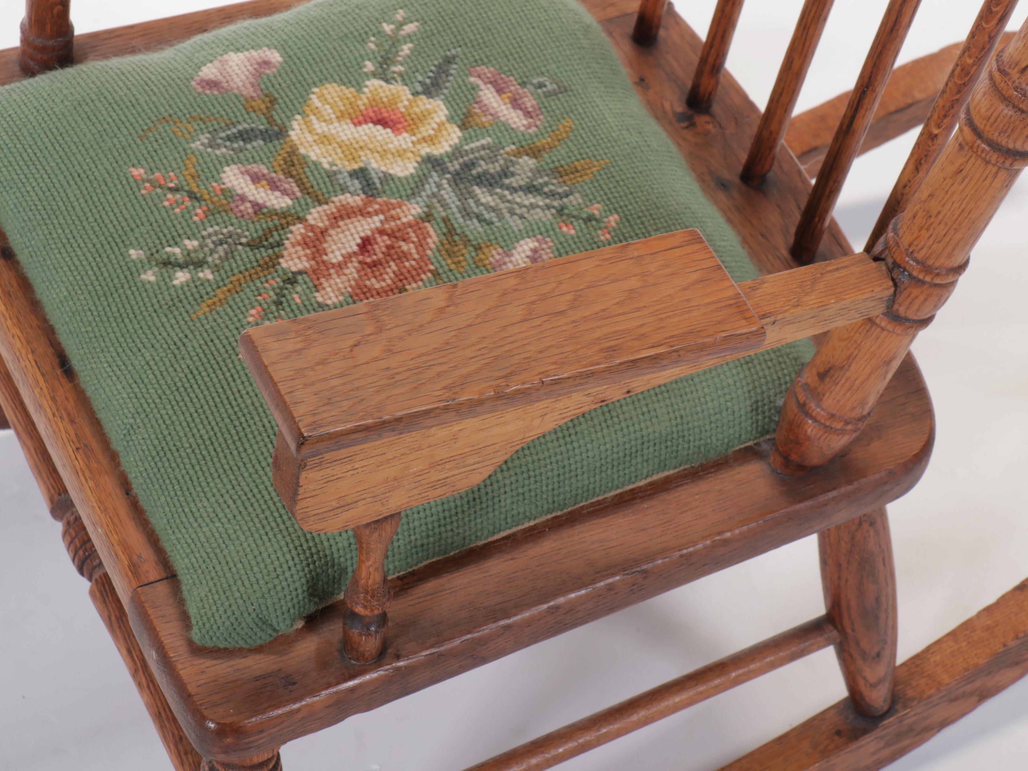Victorian Press Carved Oak Rocking Chair with Needlepoint Seat