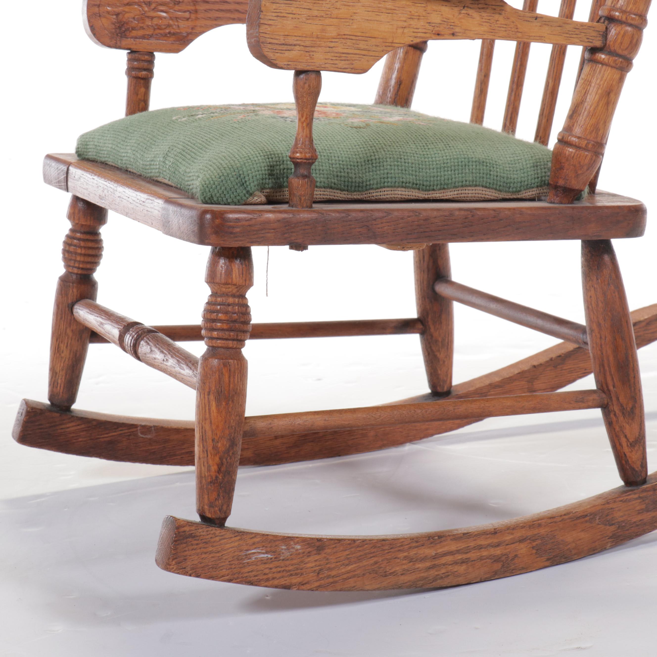 Victorian Press Carved Oak Rocking Chair with Needlepoint Seat