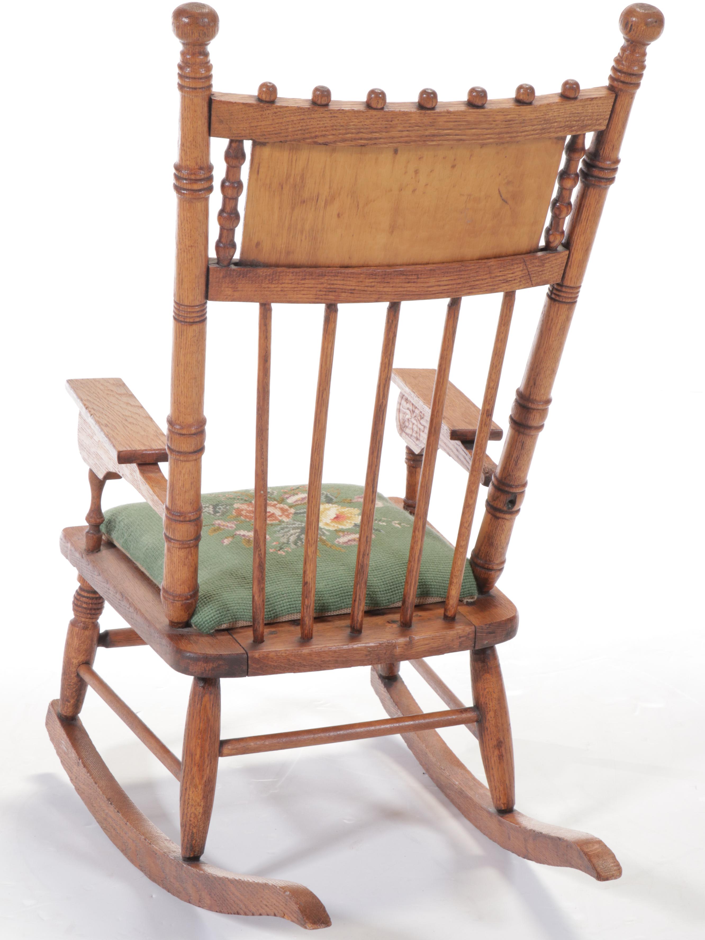 Victorian Press Carved Oak Rocking Chair with Needlepoint Seat