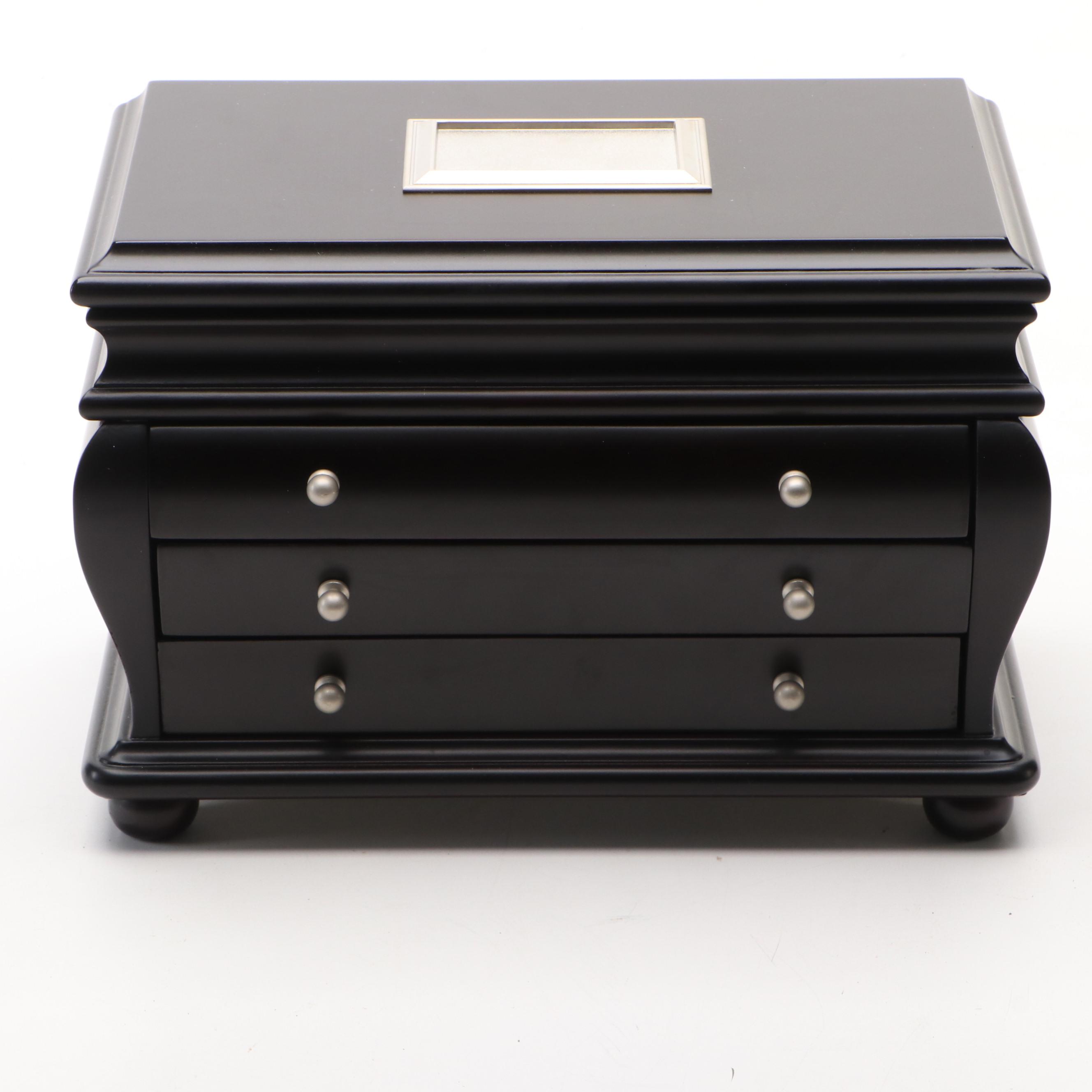 Things Remembered Satin Black Finish Bombé Wood Jewelry Chest