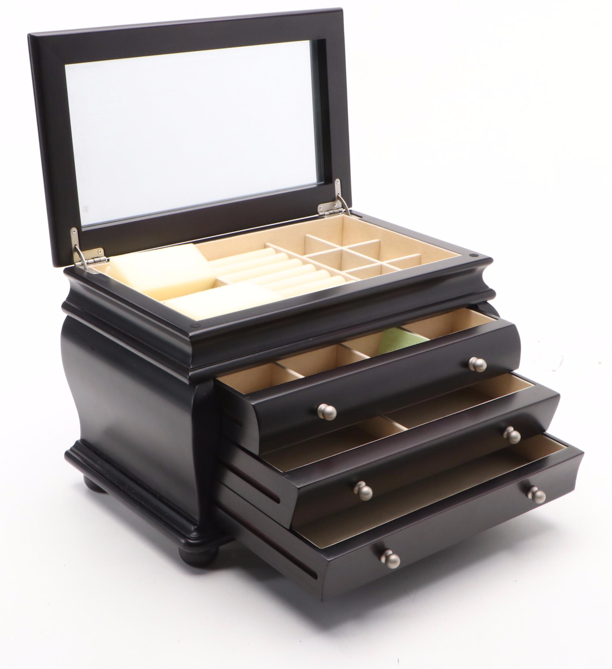 Things Remembered Satin Black Finish Bombé Wood Jewelry Chest