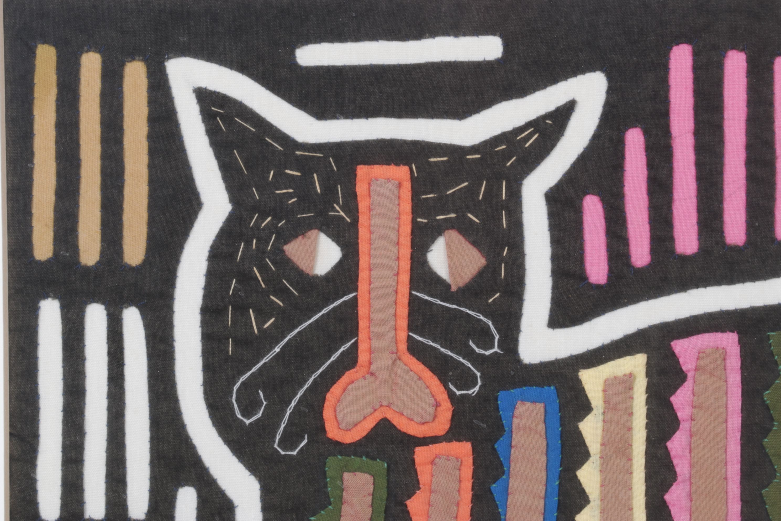 Hand Stitched South-American Mola Textile Folk Art with Cat Figure