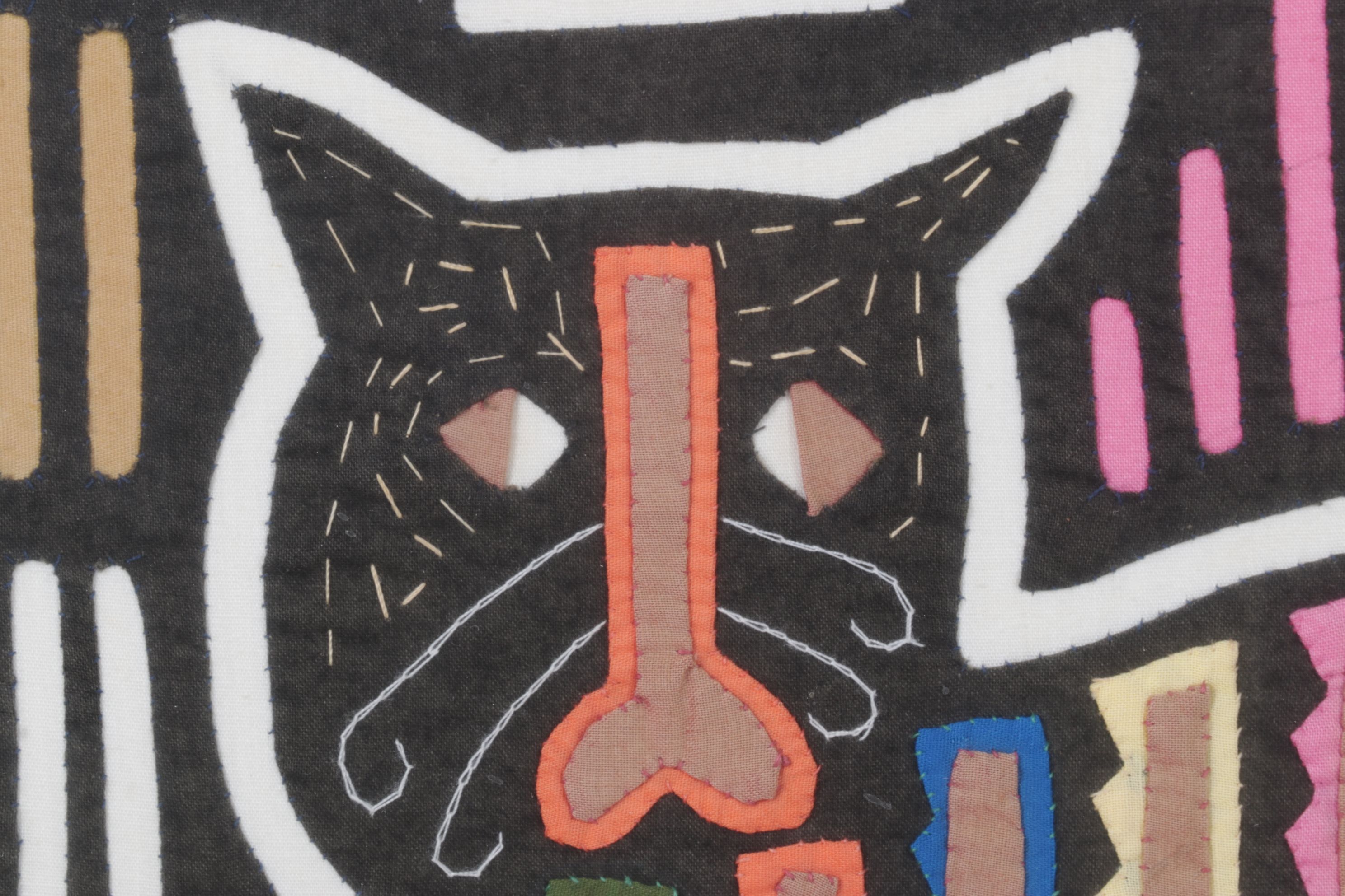 Hand Stitched South-American Mola Textile Folk Art with Cat Figure