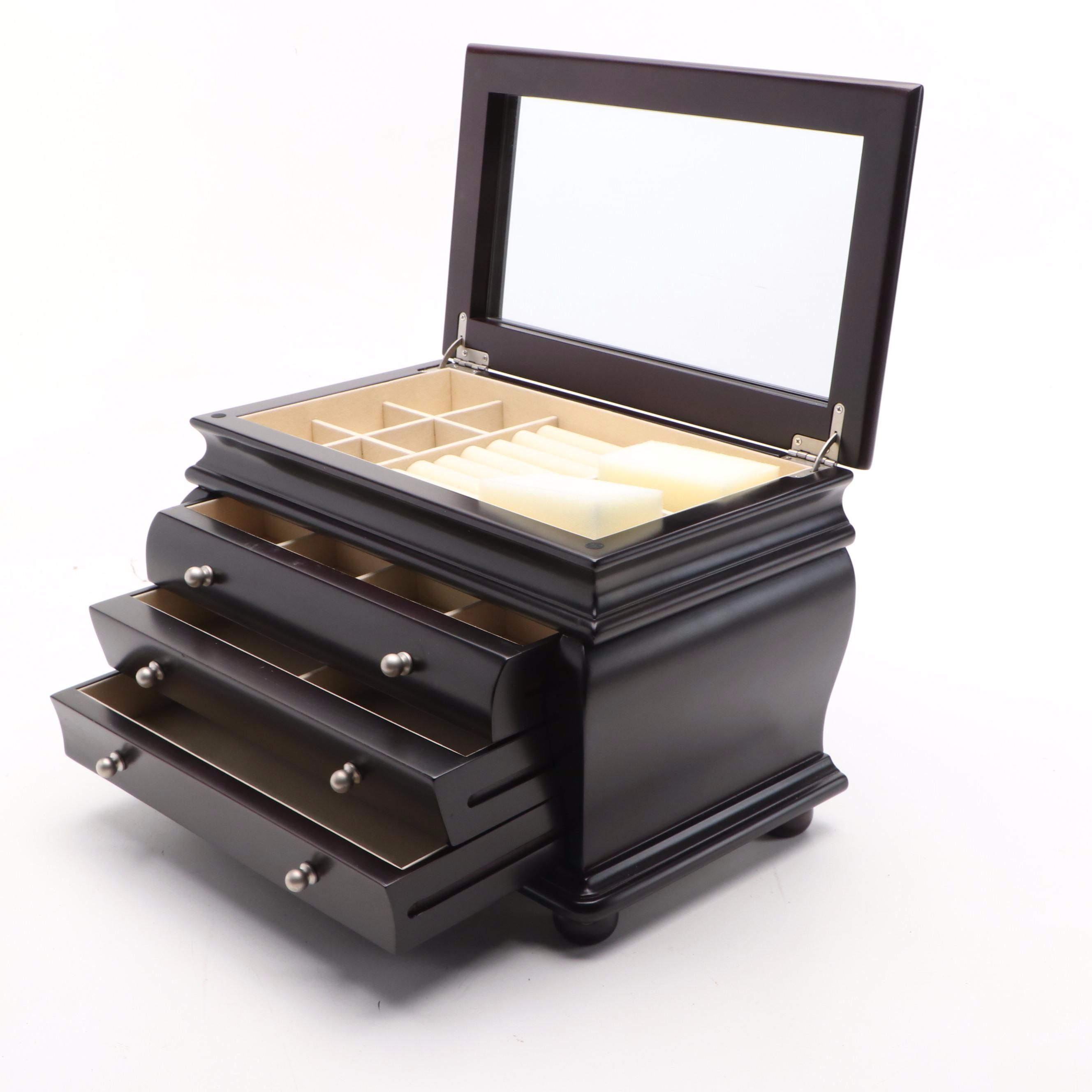 Things Remembered Satin Black Finish Bombé Wood Jewelry Chest