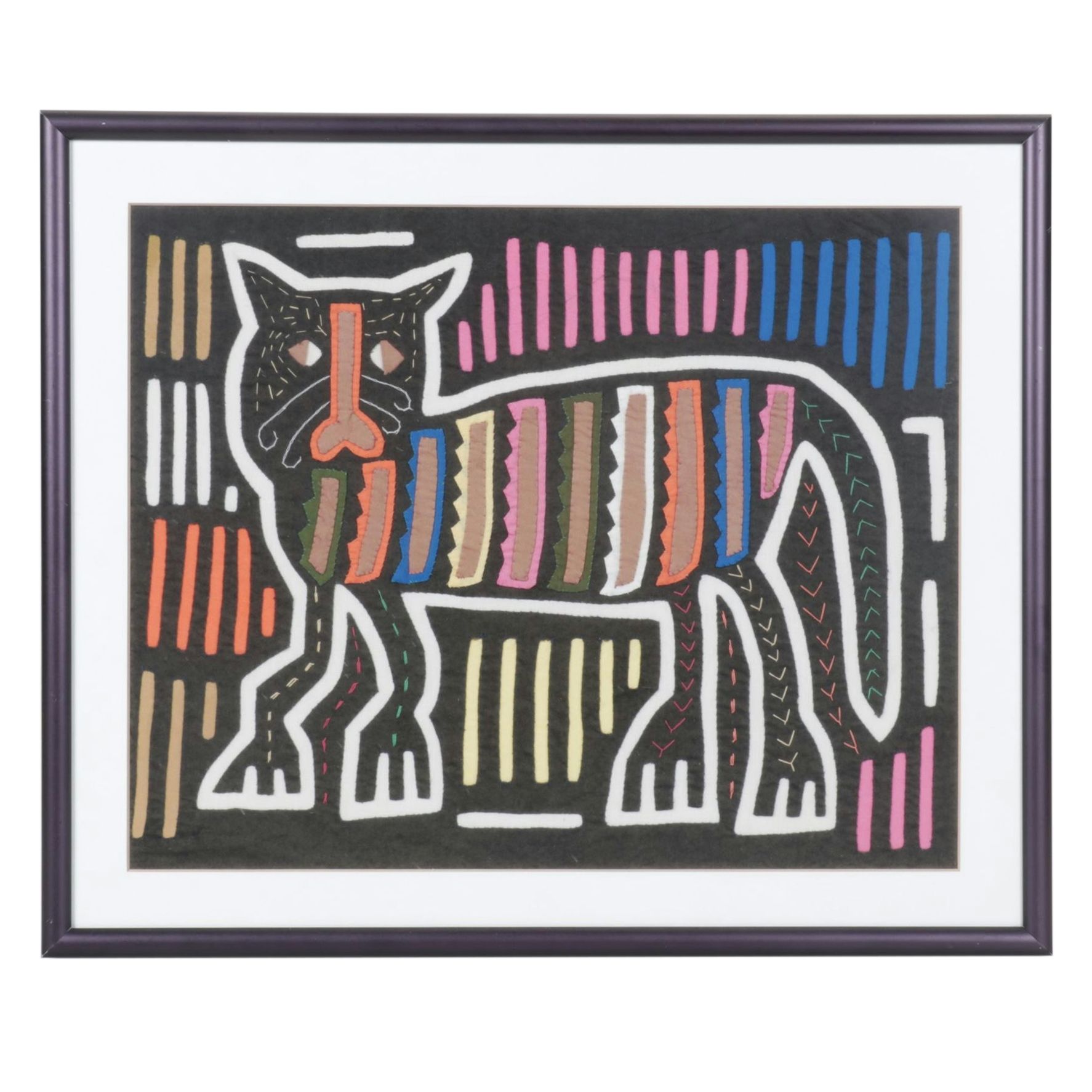 Hand Stitched South-American Mola Textile Folk Art with Cat Figure