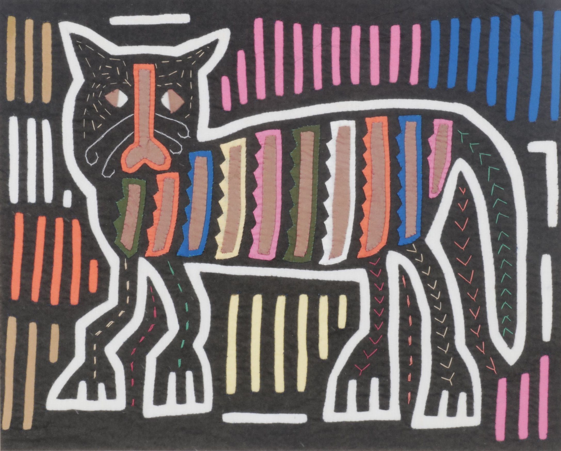 Hand Stitched South-American Mola Textile Folk Art with Cat Figure