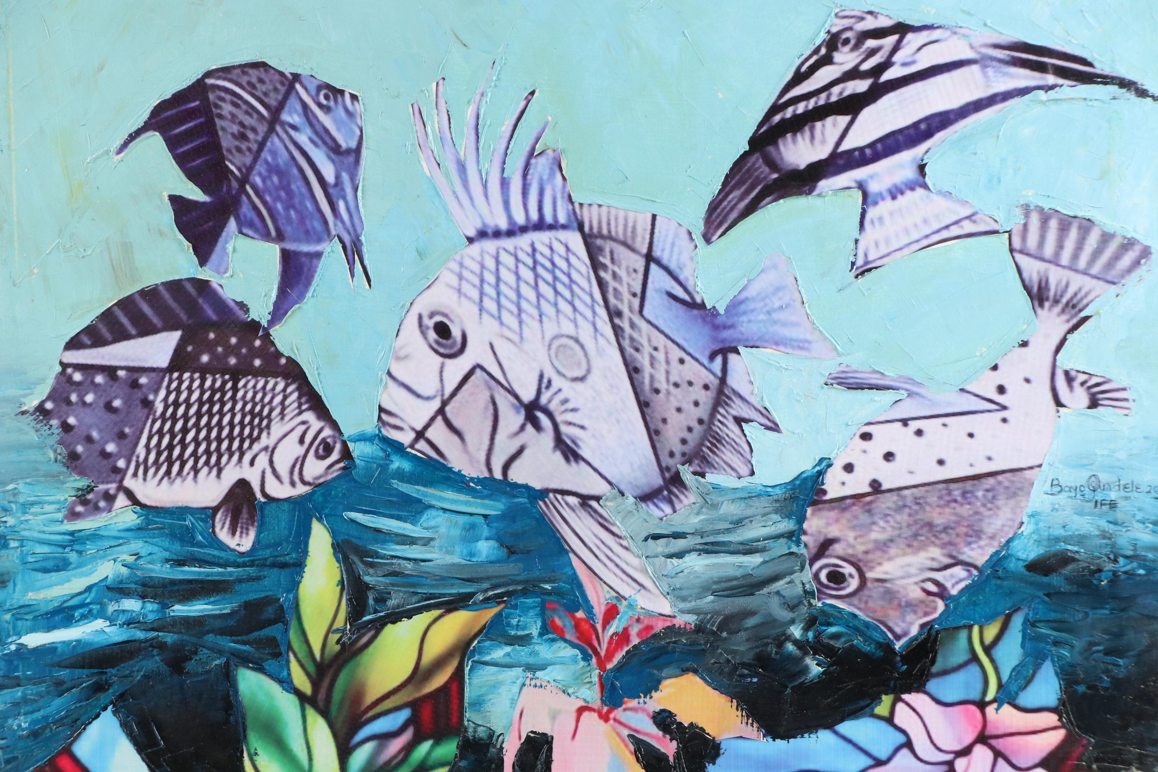 Bayo Ogundele Mixed Media Collage of Underwater Scene, 2020
