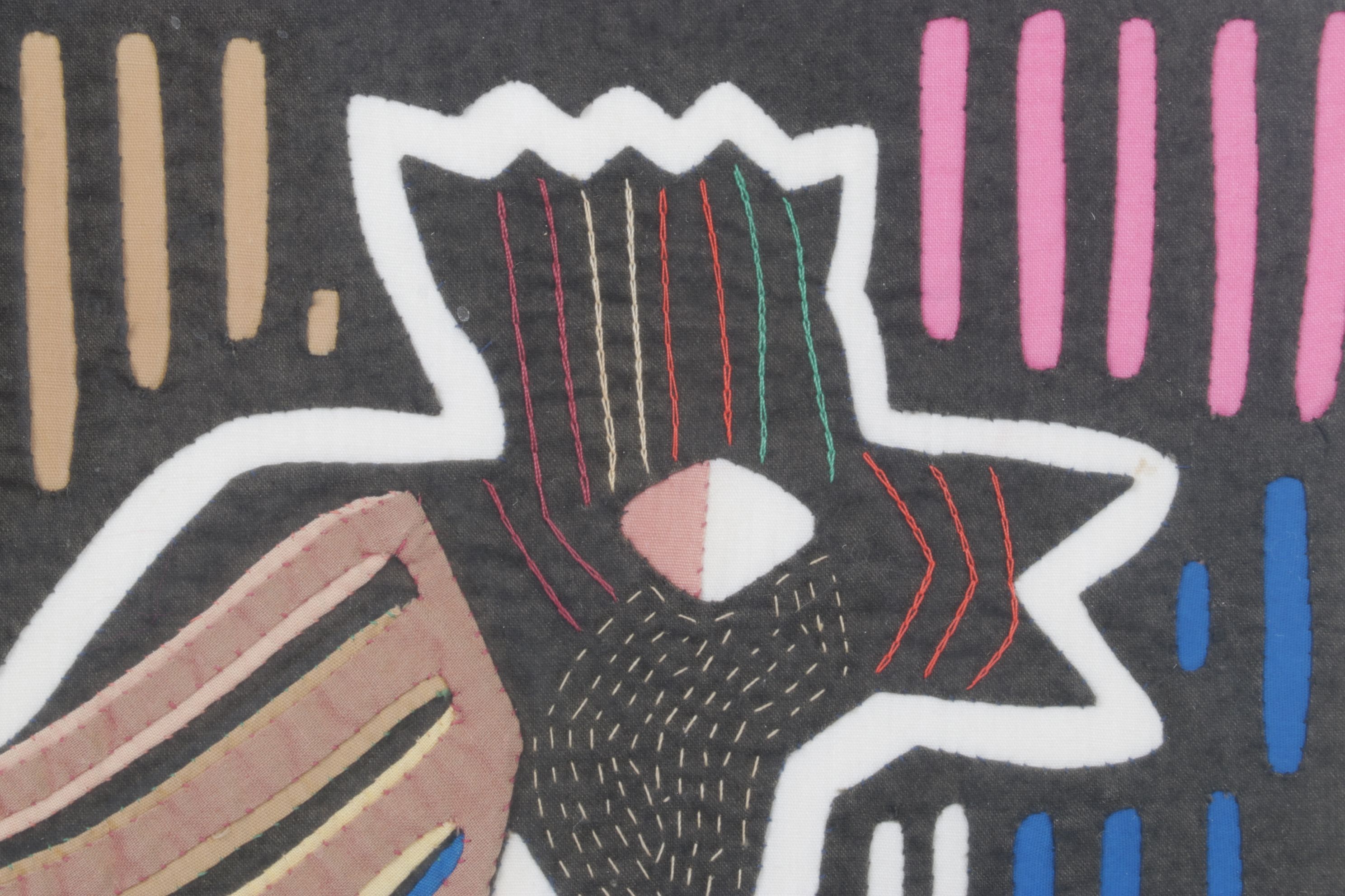 Hand Stitched South-American Mola Textile Folk Art Depicting Rooster & Bird