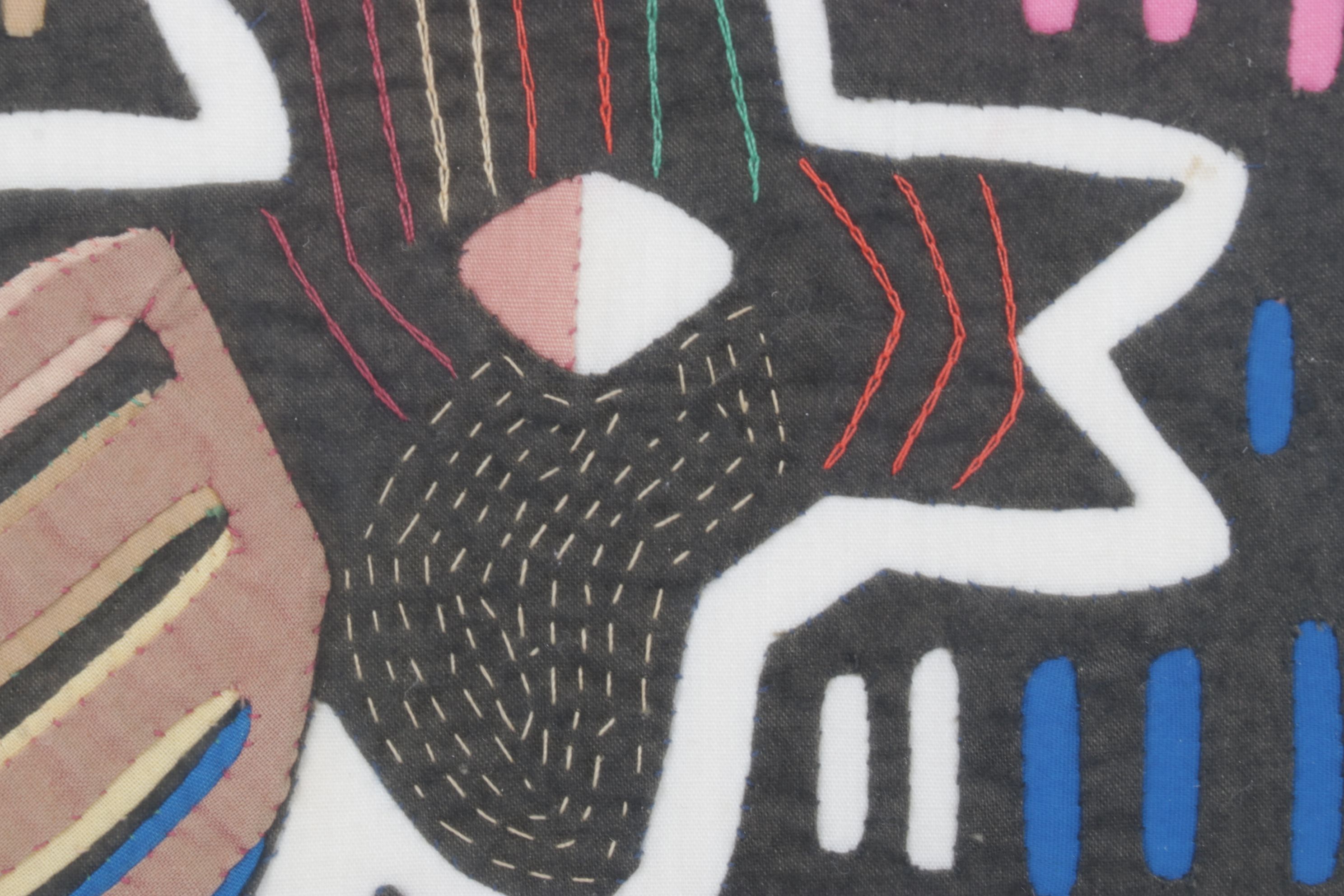 Hand Stitched South-American Mola Textile Folk Art Depicting Rooster & Bird