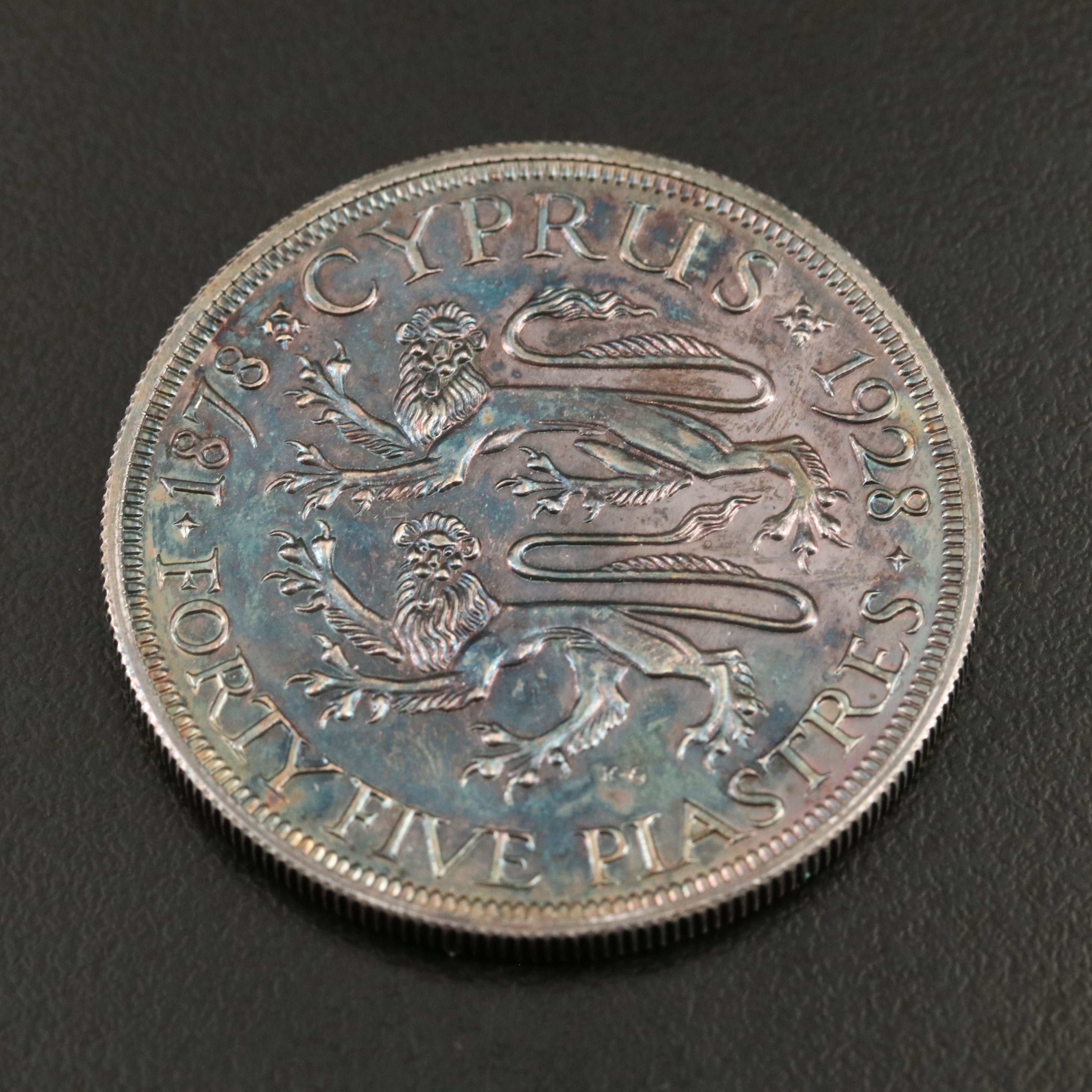 1928 Cyprus 45-Piastres Silver Proof Commemorative Coin