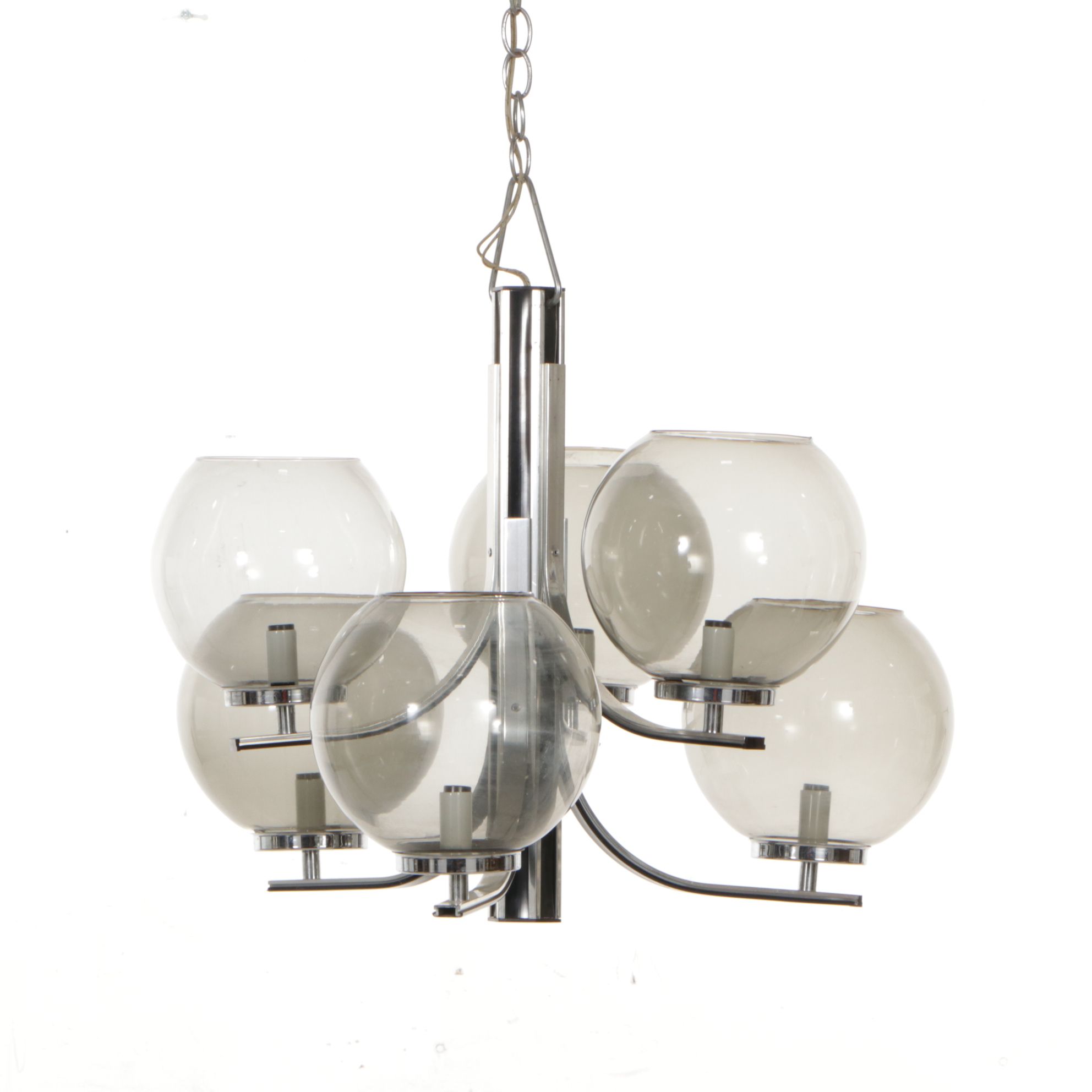MCM Chrome Chandelier with Smoky Glass Orb Shades, Manner of Sciolari
