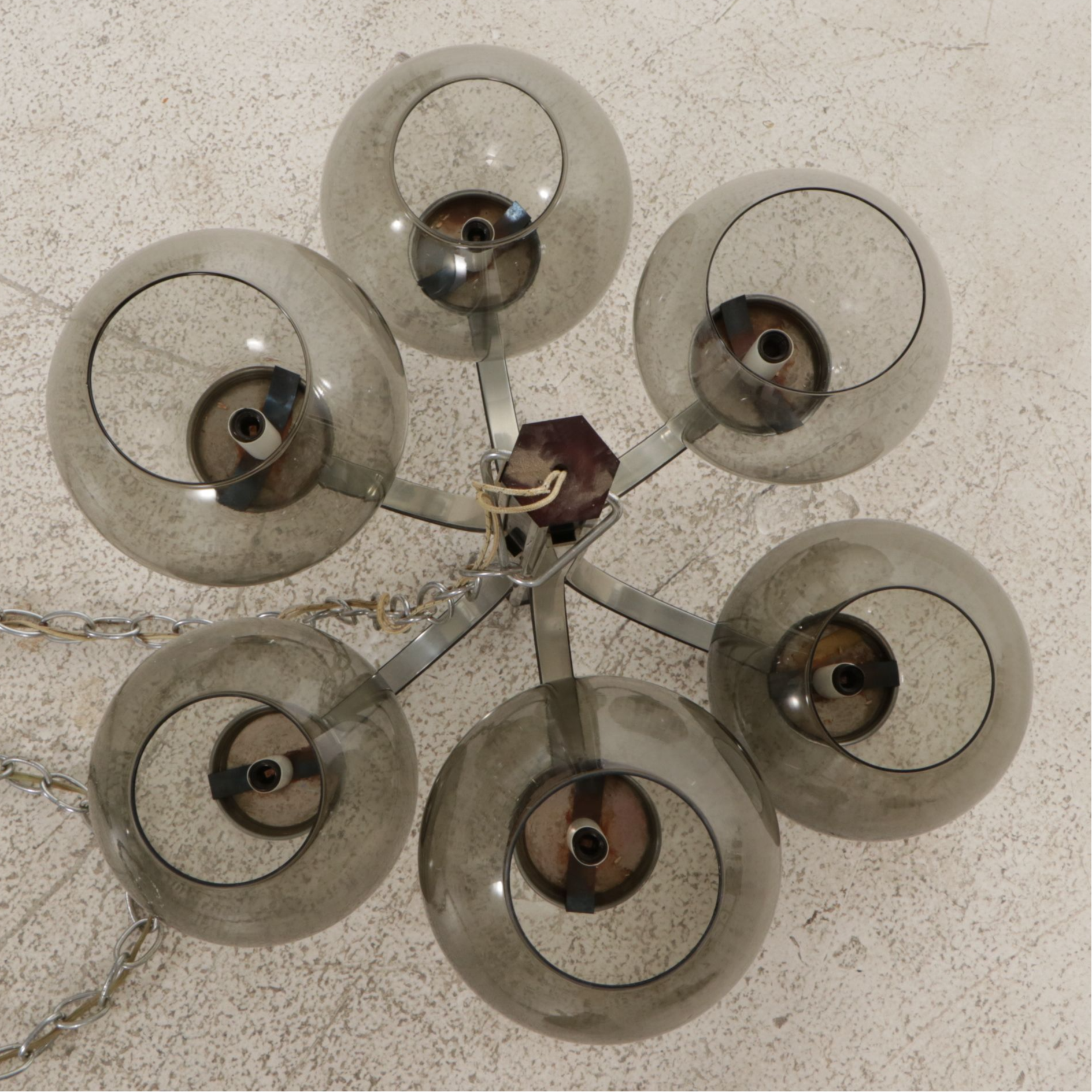 MCM Chrome Chandelier with Smoky Glass Orb Shades, Manner of Sciolari